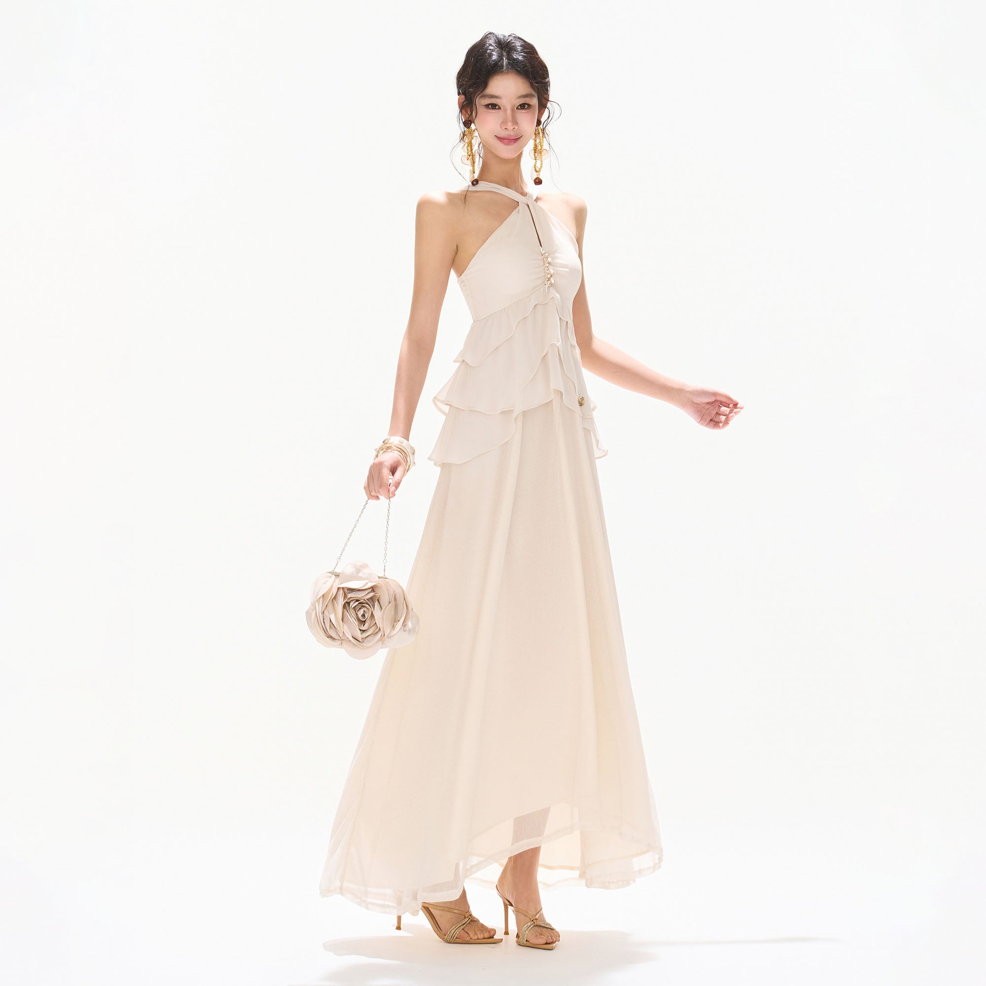 CYNR Tiered Halter Maxi Dress White