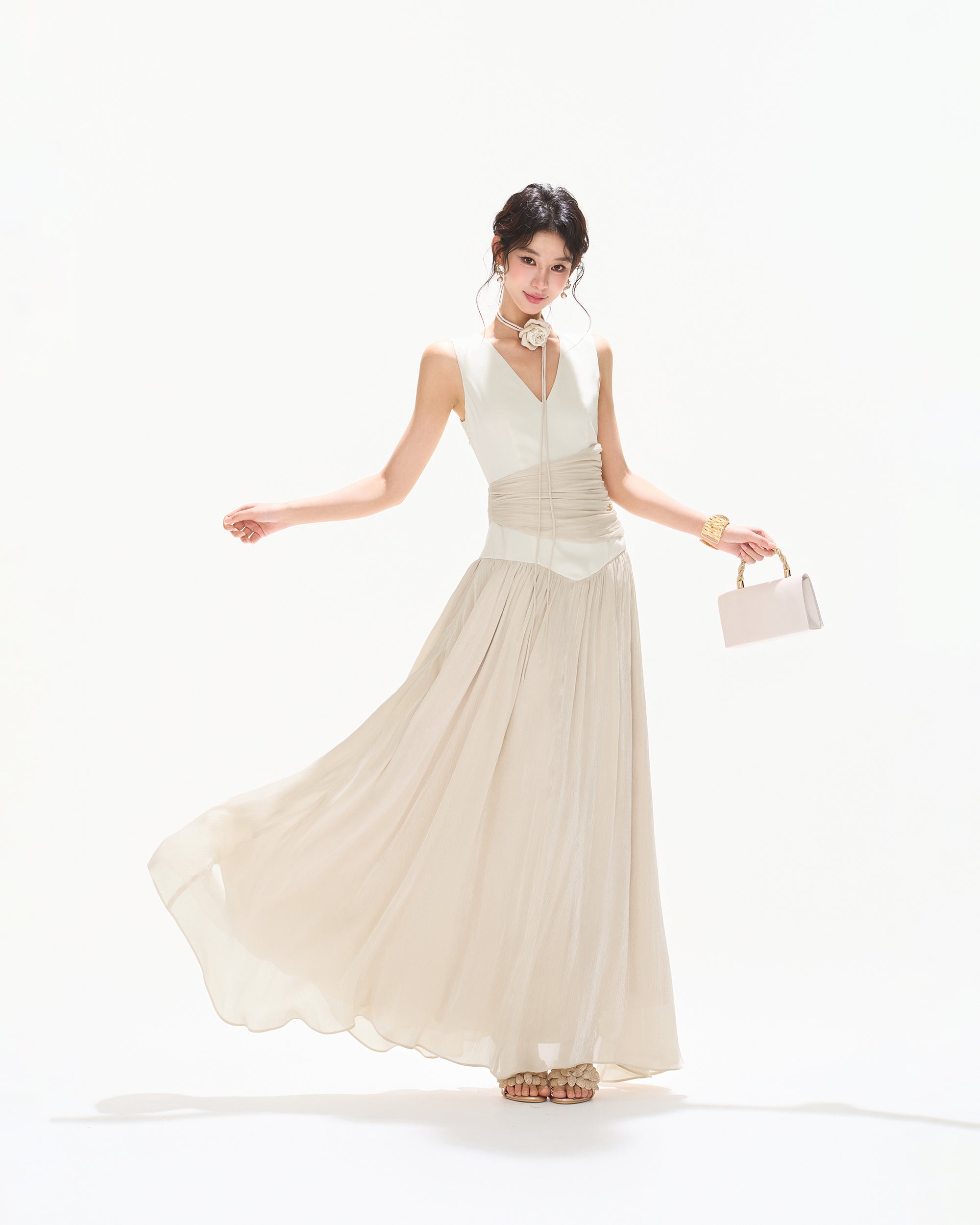 CYNR V-Neck Draped-Waist Chiffon Maxi Dress