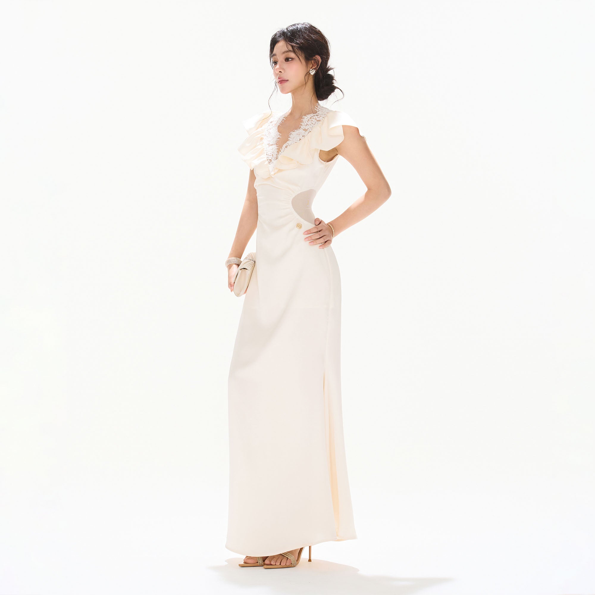 CYNR Ruched Lace V-Neck Cut-Out Waist Dress