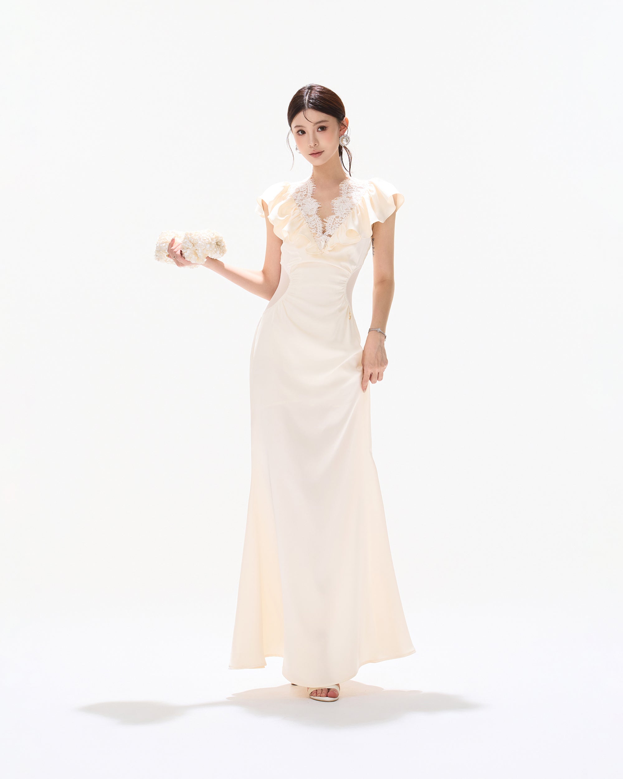 CYNR Ruched Lace V-Neck Cut-Out Waist Dress