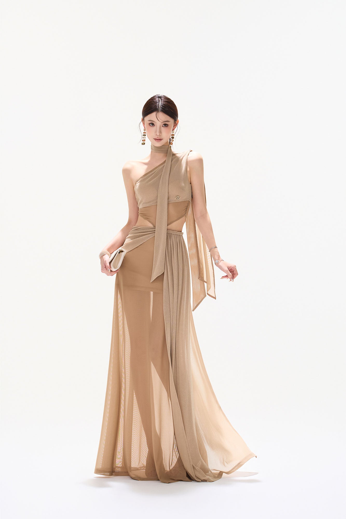 CYNR Asymmetrical Scarf-Tie Sheer Maxi Dress