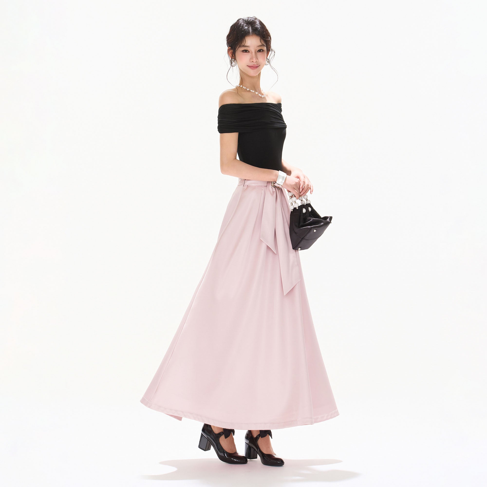 CYNR Off-Shoulder Bow-Waist Satin Maxi Dress