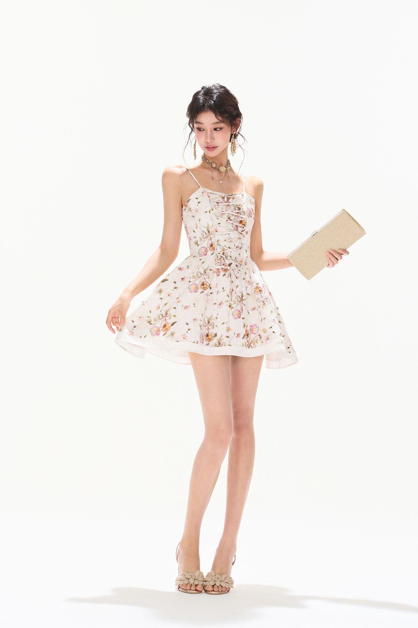 CYNR Floral Lace-Up Mini Dress