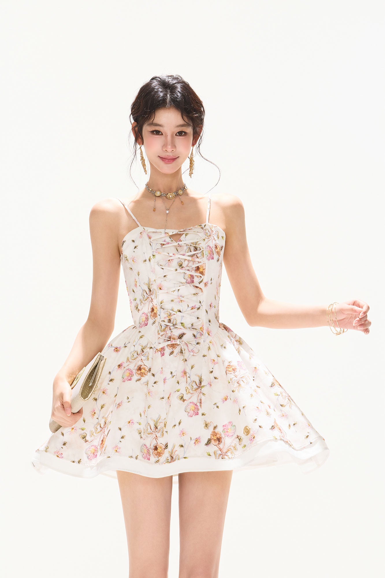 CYNR Floral Lace-Up Mini Dress