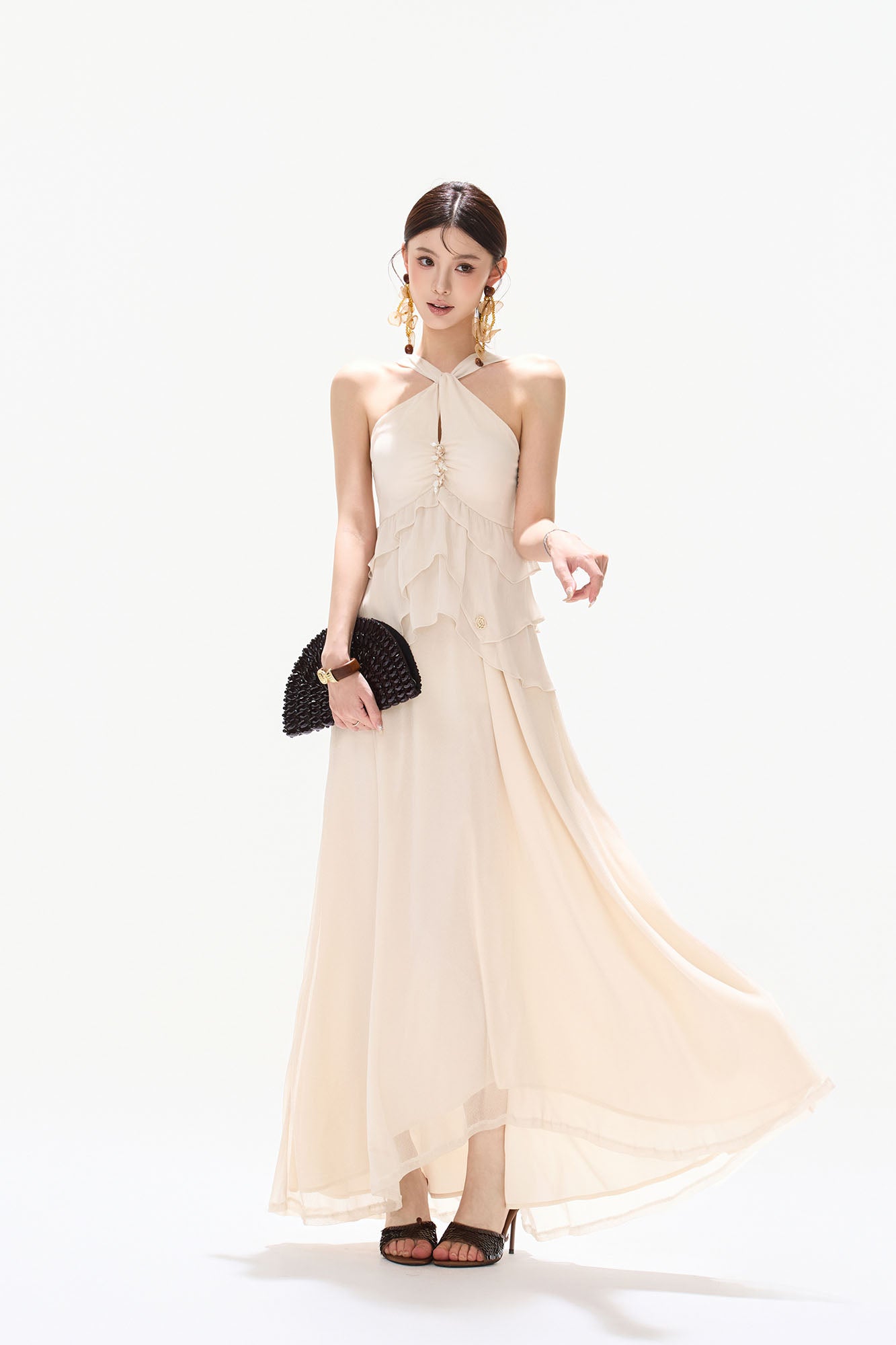 CYNR Tiered Halter Maxi Dress White