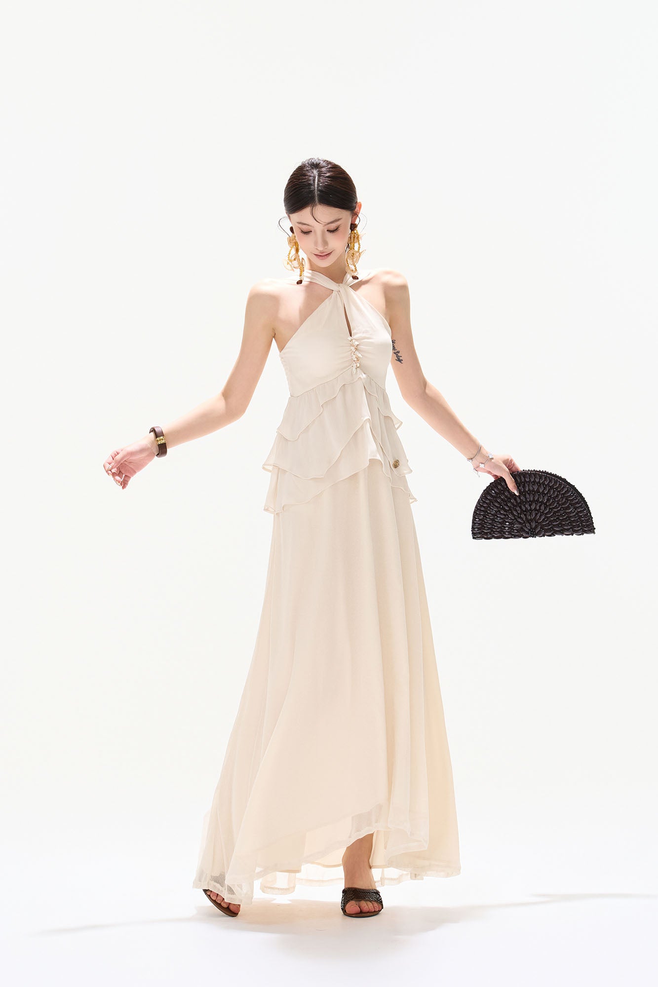 CYNR Tiered Halter Maxi Dress White