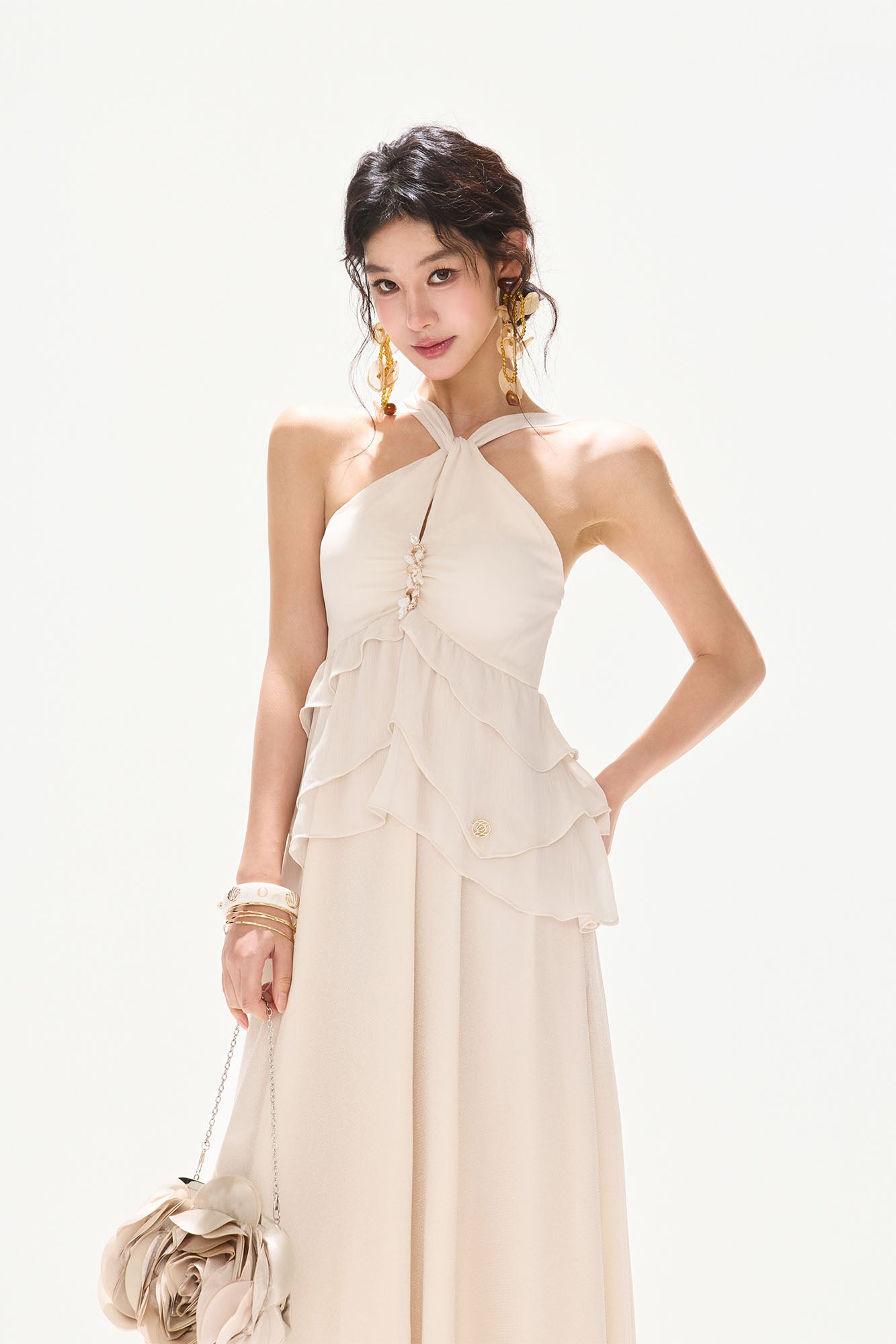 CYNR Tiered Halter Maxi Dress White