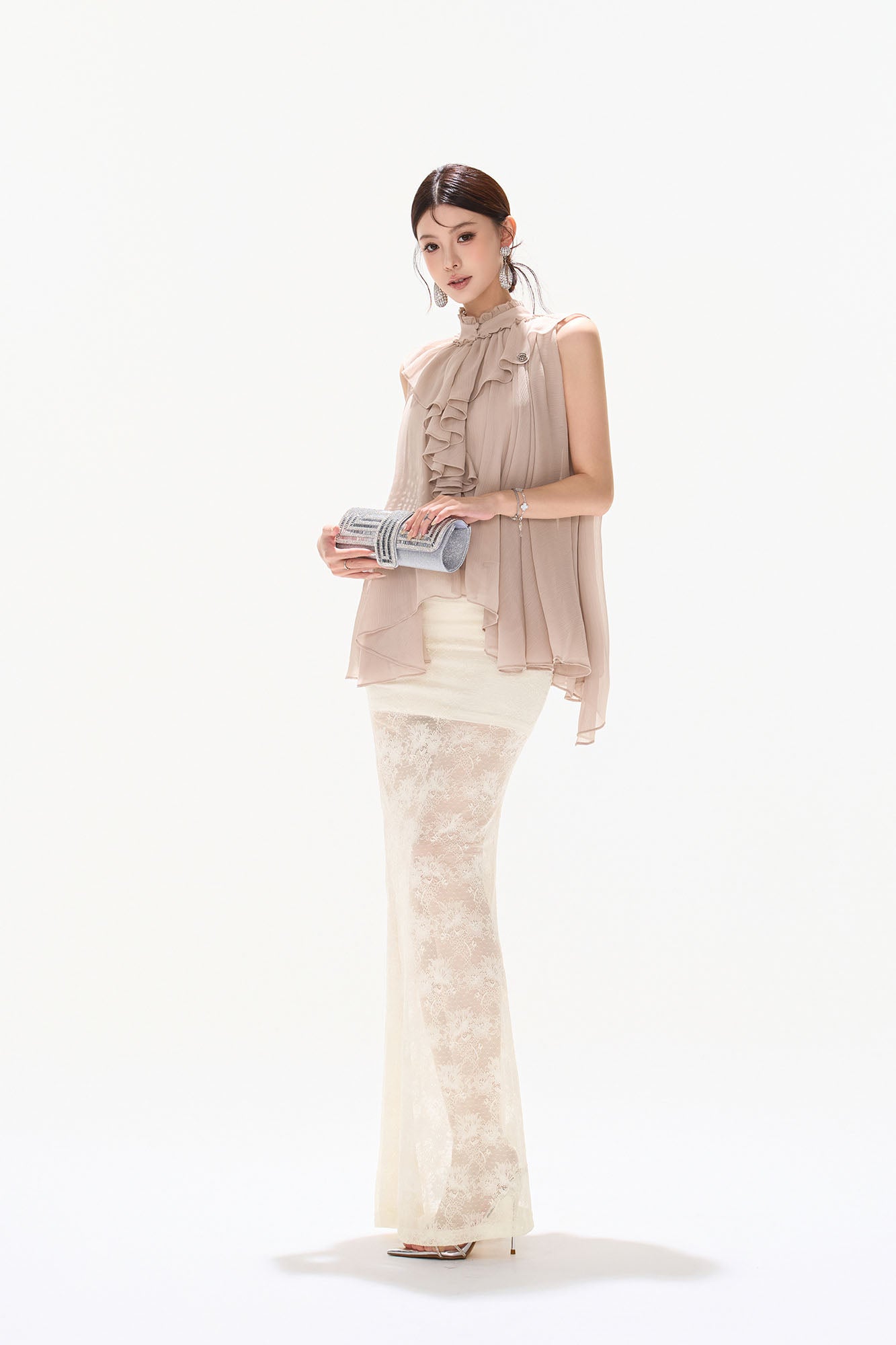 CYNR Cascading Ruffle Sheer Cape Top