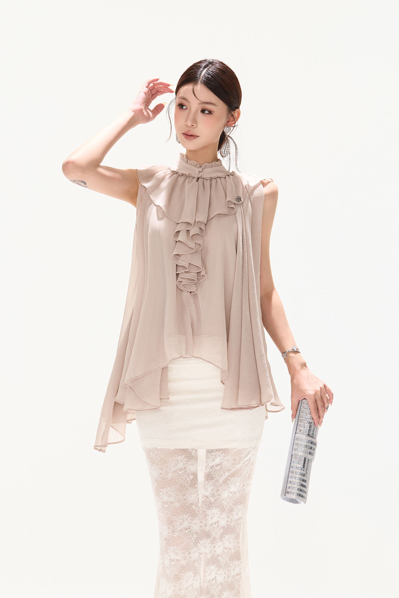 CYNR Cascading Ruffle Sheer Cape Top