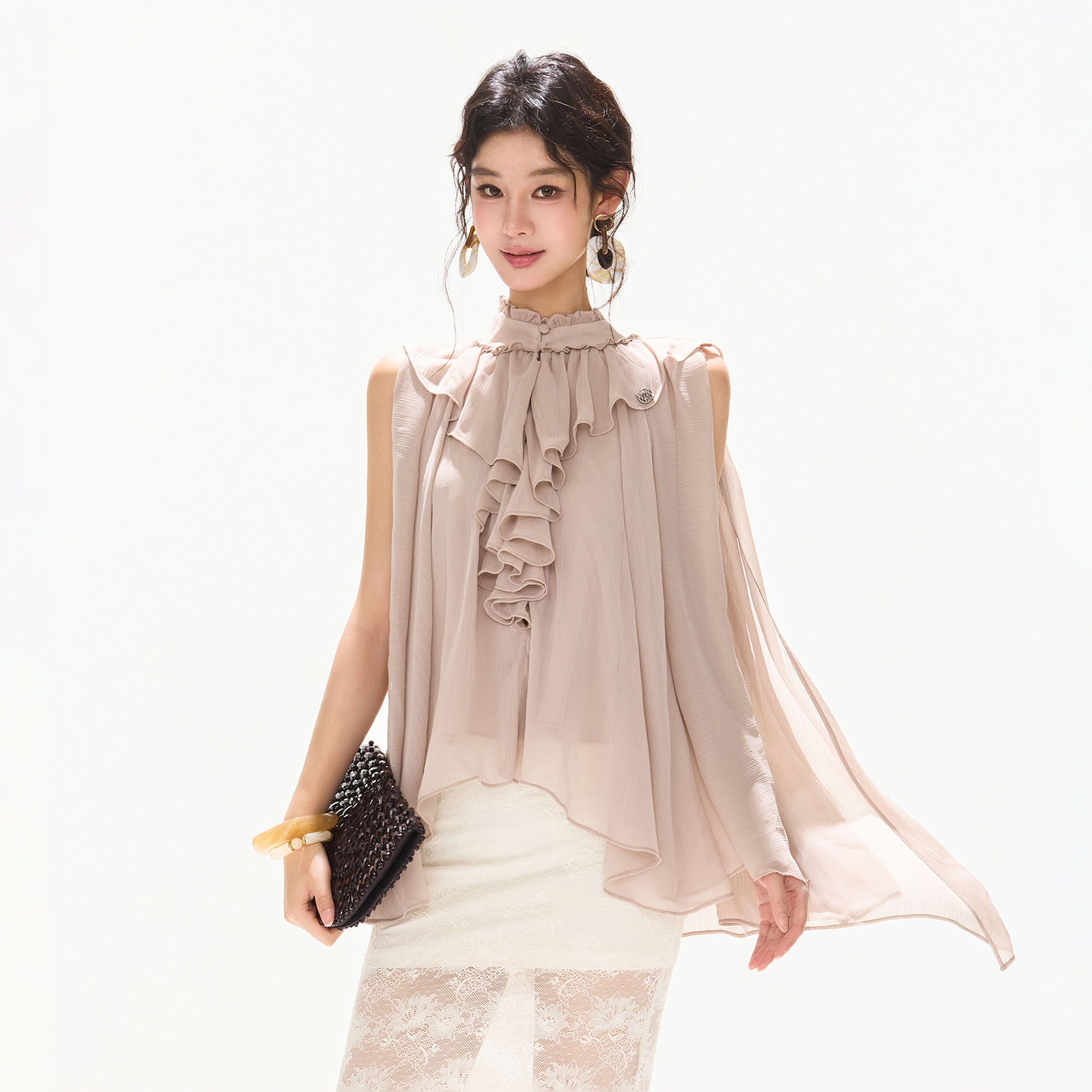 CYNR Cascading Ruffle Sheer Cape Top