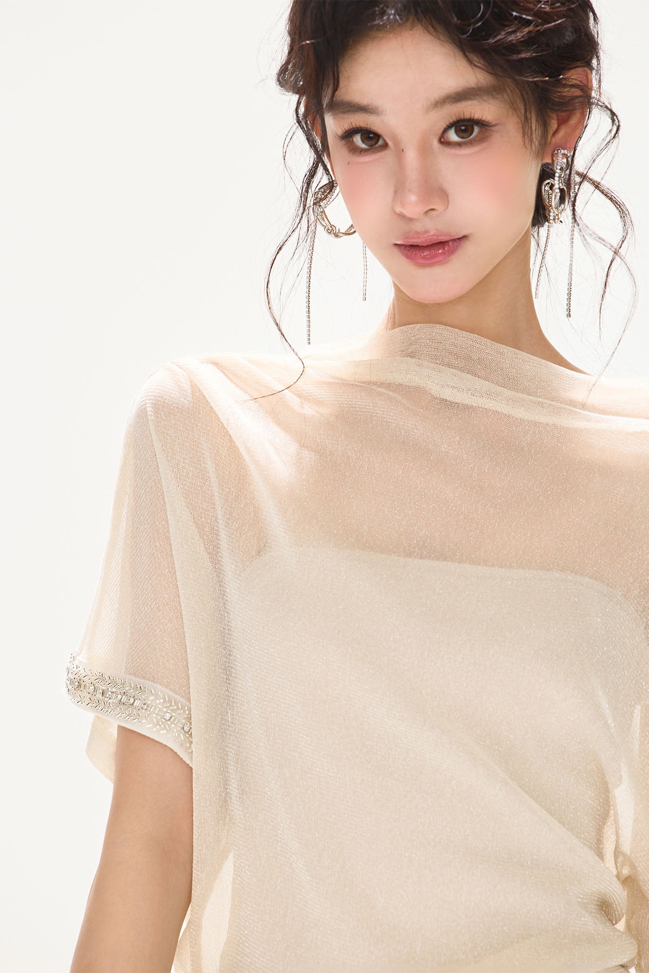 CYNR Asymmetrical Sheer Cape-Sleeve Top