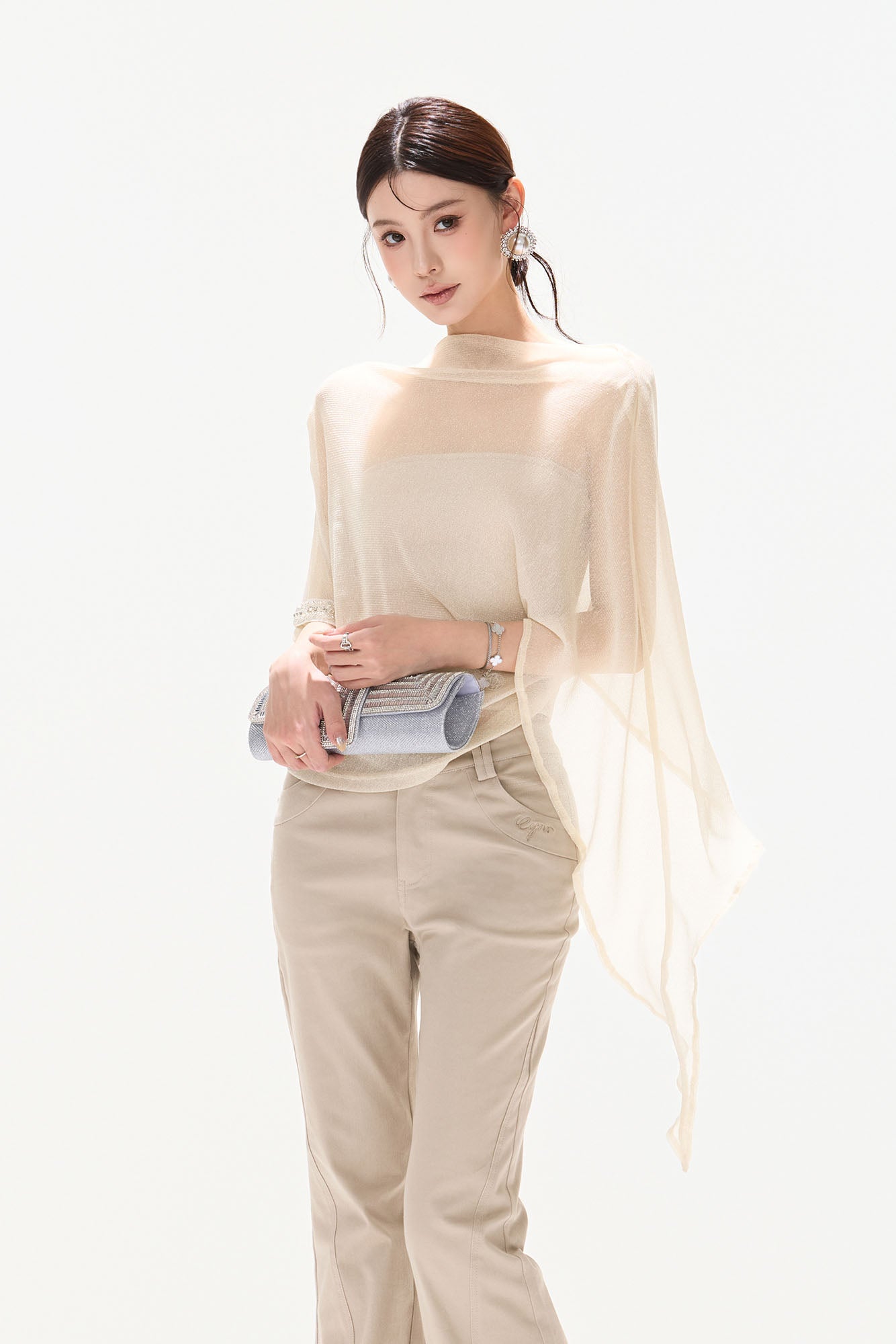 CYNR Asymmetrical Sheer Cape-Sleeve Top