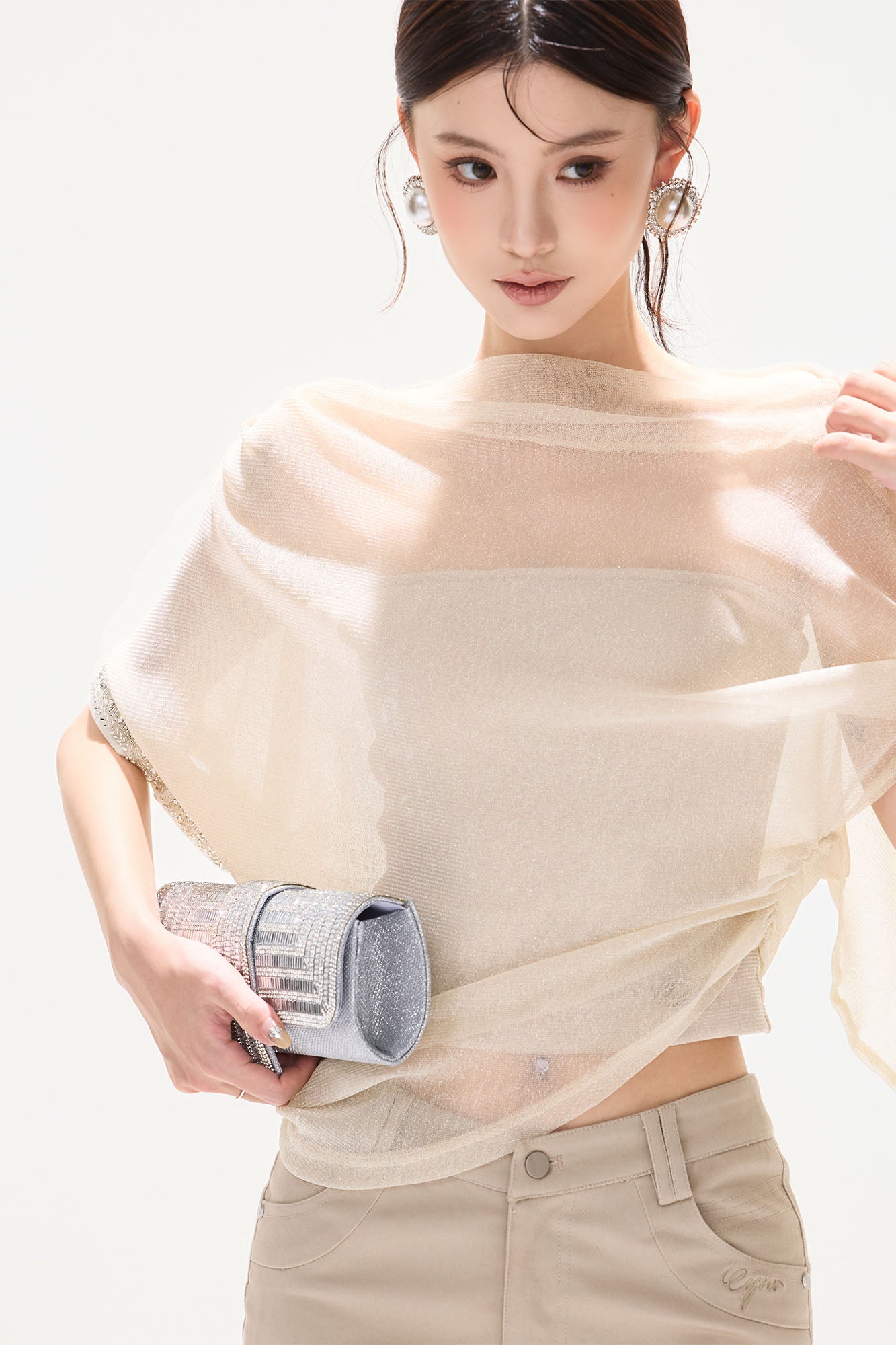CYNR Asymmetrical Sheer Cape-Sleeve Top