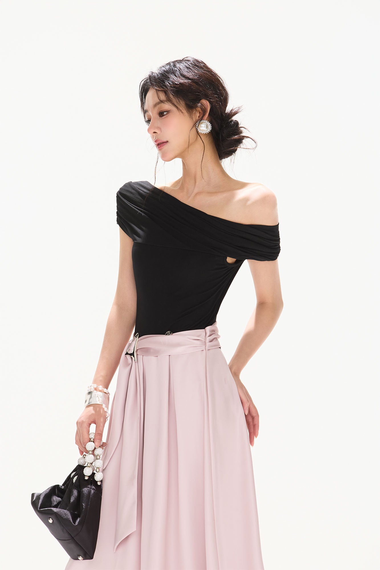 CYNR Off-Shoulder Bow-Waist Satin Maxi Dress