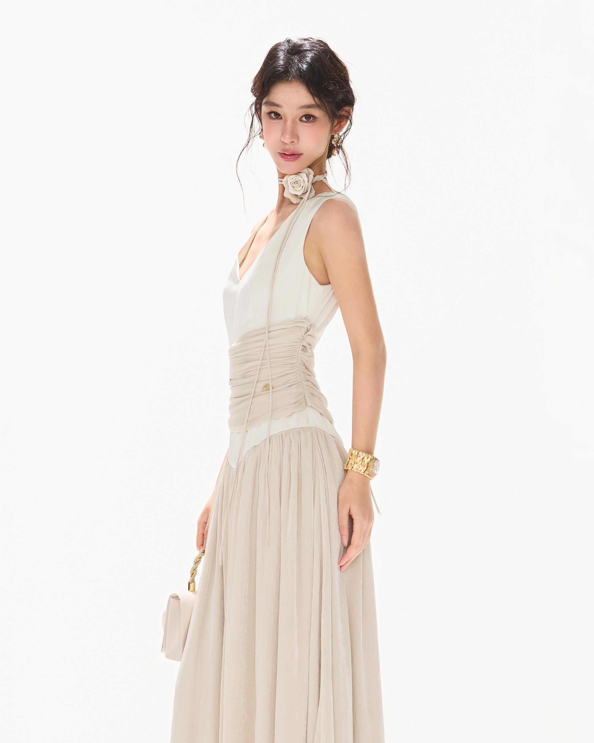 CYNR V-Neck Draped-Waist Chiffon Maxi Dress