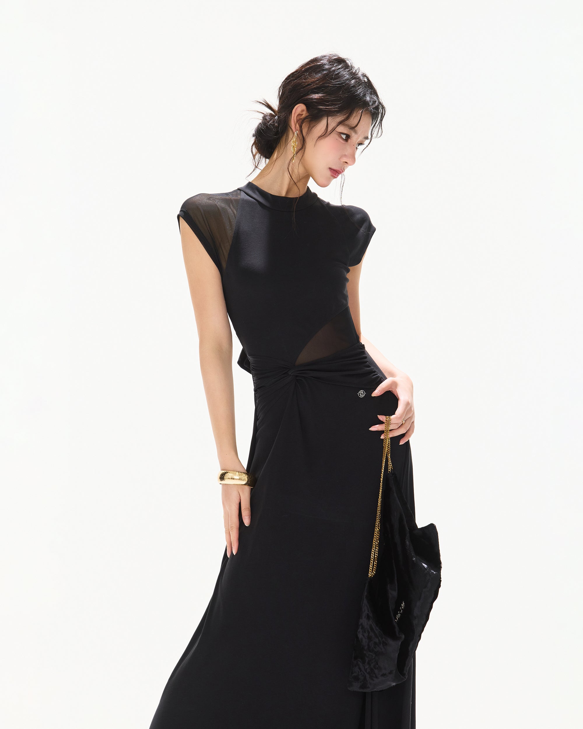 CYNR Twisted Waist Sheer Cap-Sleeve Maxi Dress