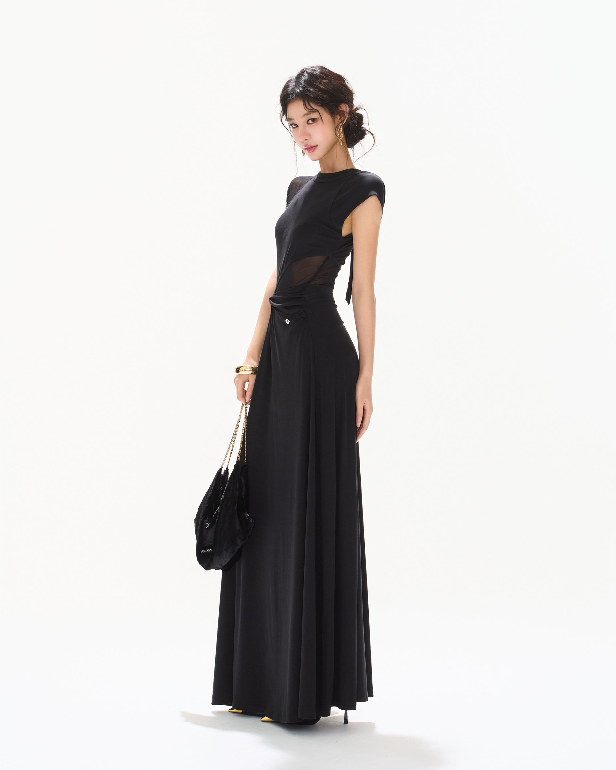 CYNR Twisted Waist Sheer Cap-Sleeve Maxi Dress