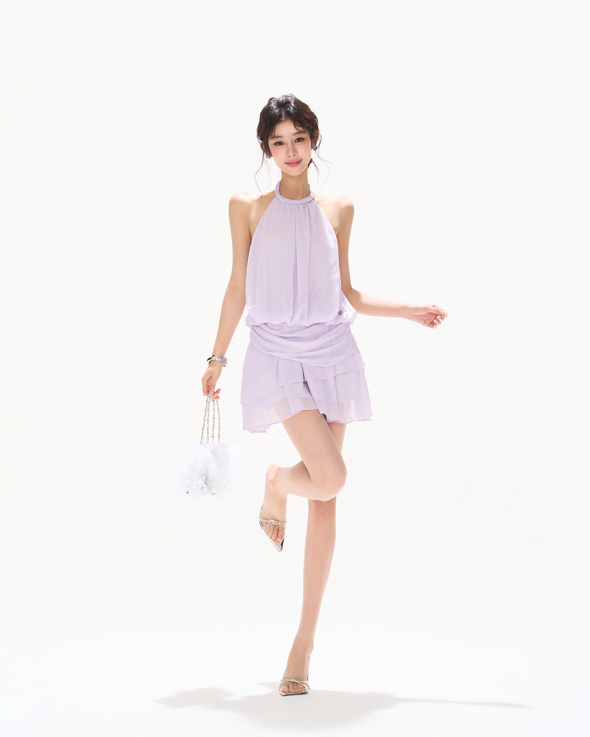 CYNR Open-Back Halter Chiffon Mini Dress