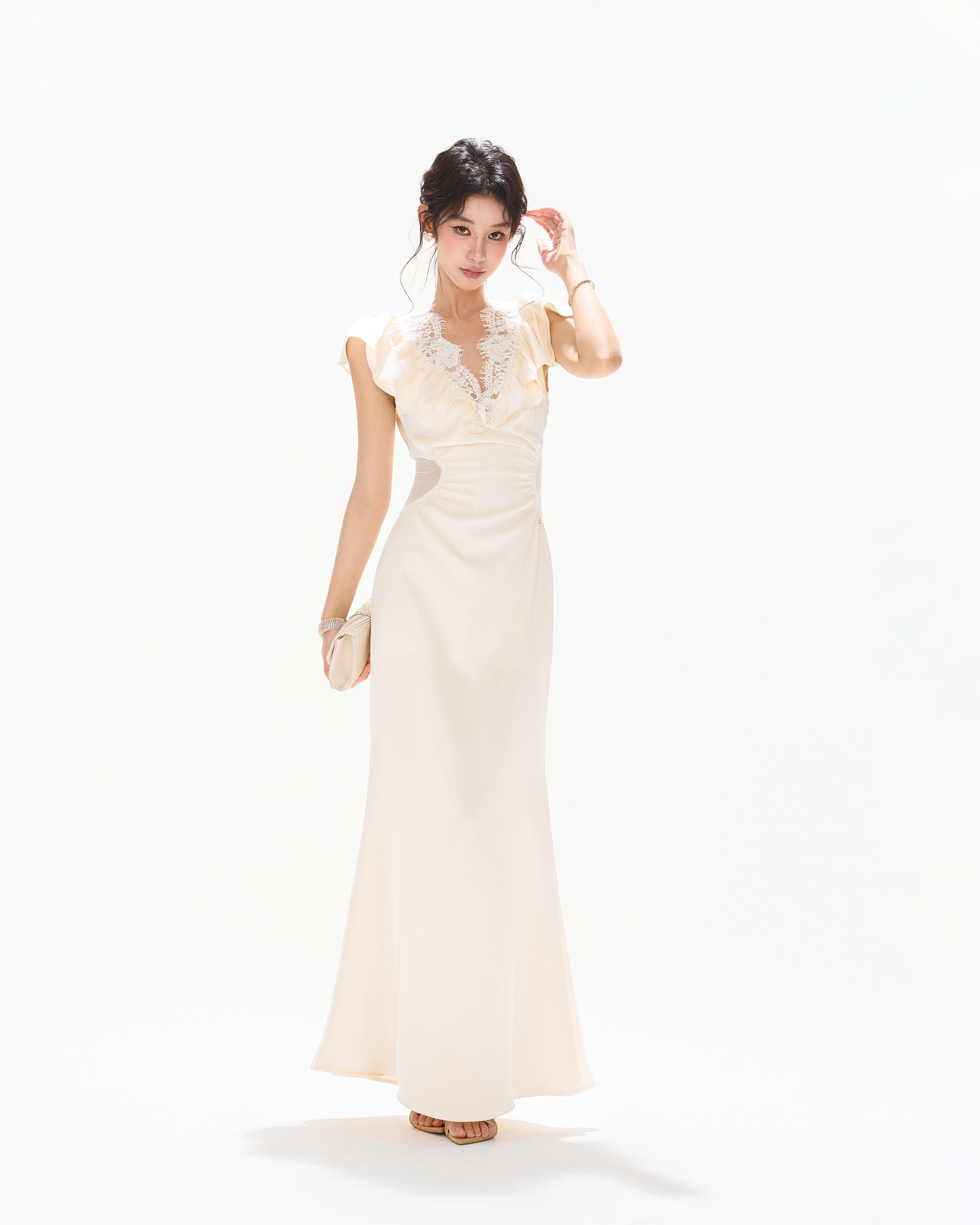 CYNR Ruched Lace V-Neck Cut-Out Waist Dress