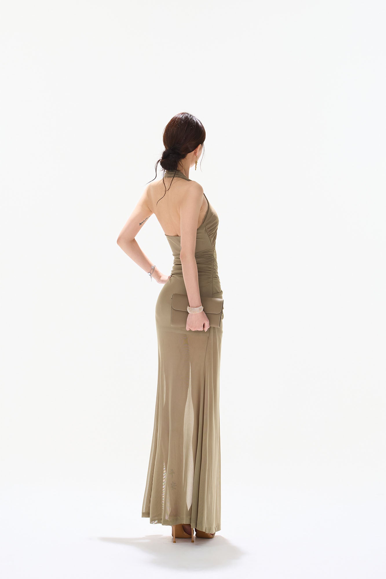 CYNR Draped Sheer Halter Maxi Dress