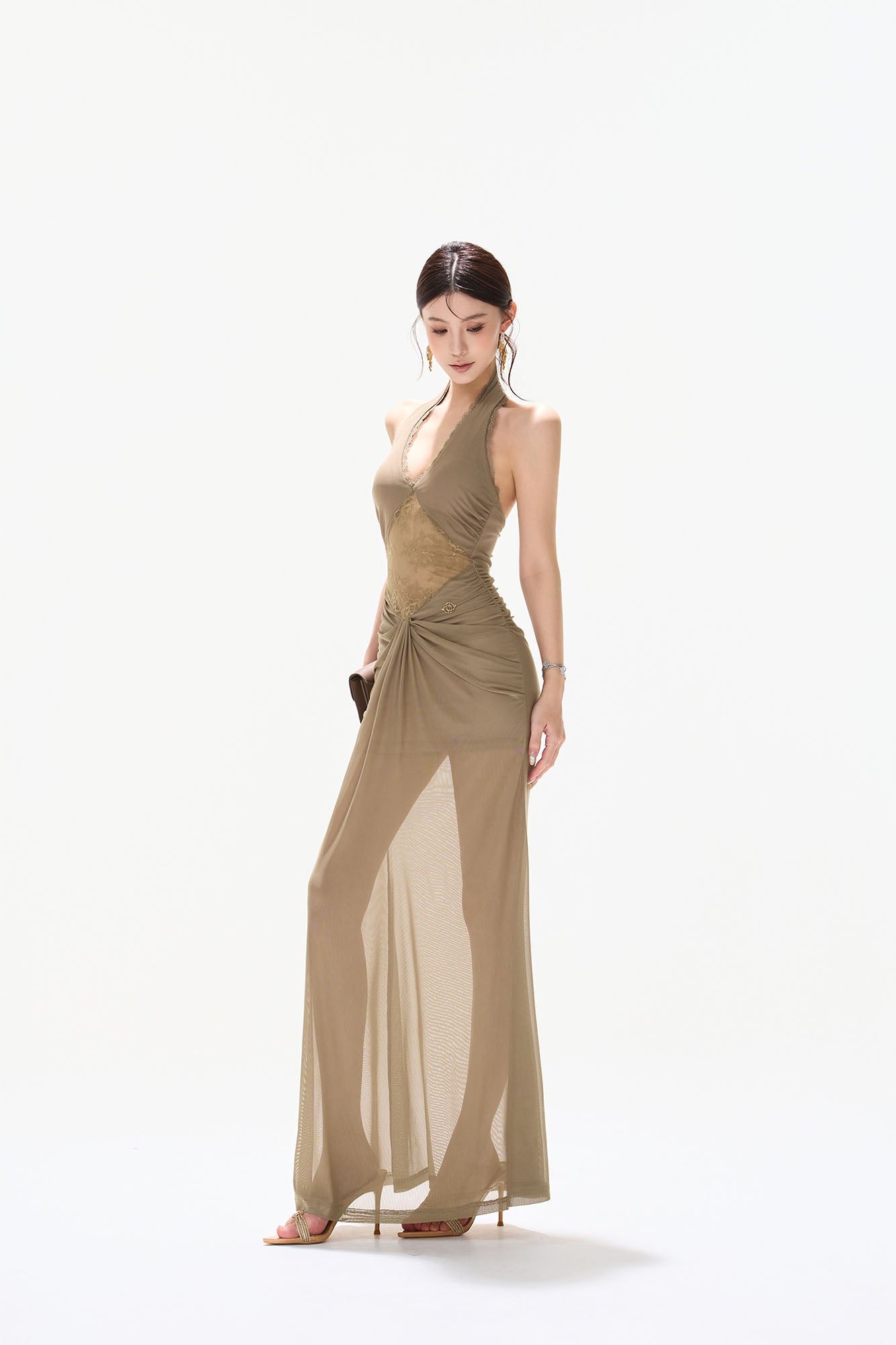 CYNR Draped Sheer Halter Maxi Dress