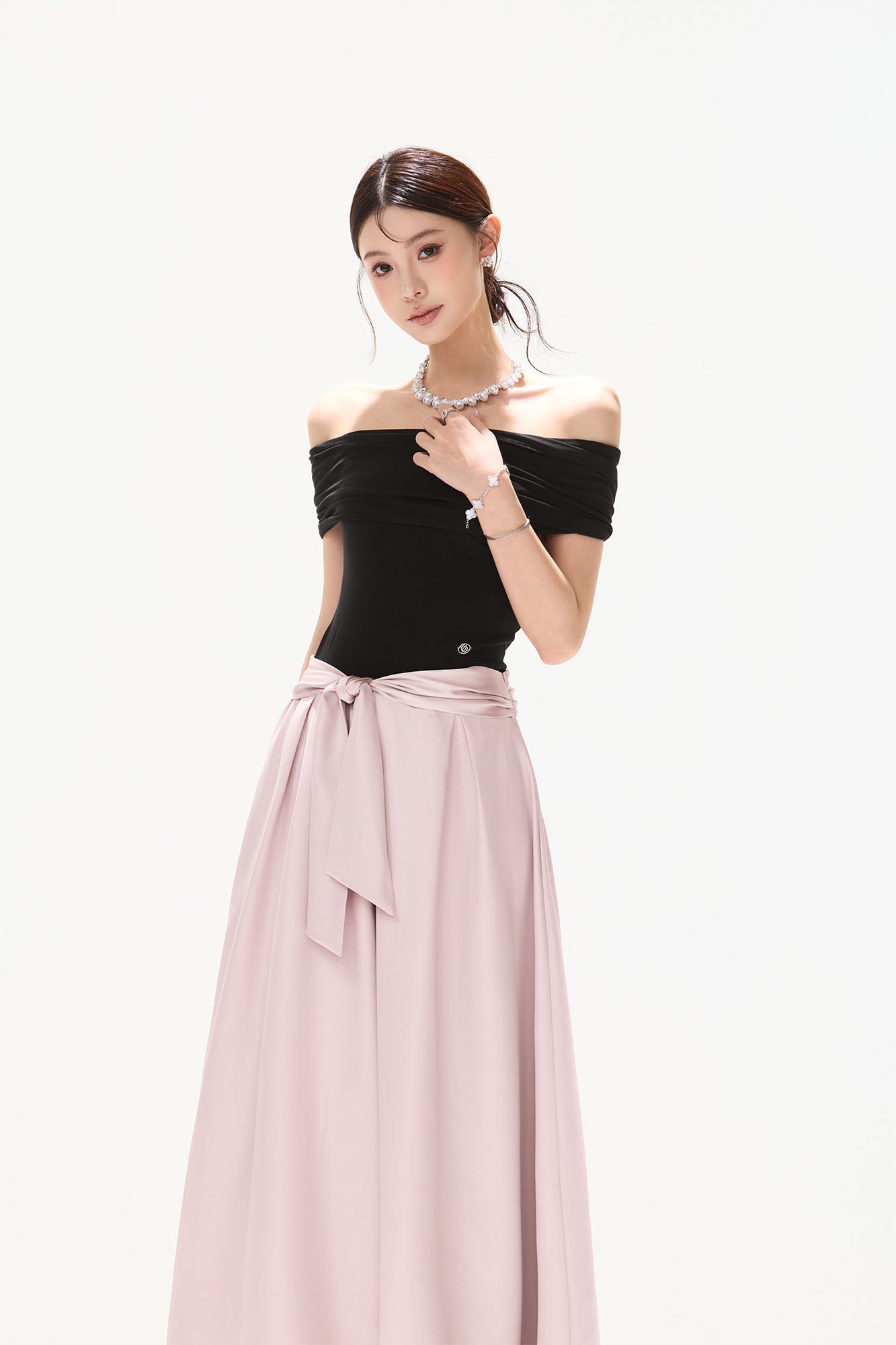 CYNR Off-Shoulder Bow-Waist Satin Maxi Dress