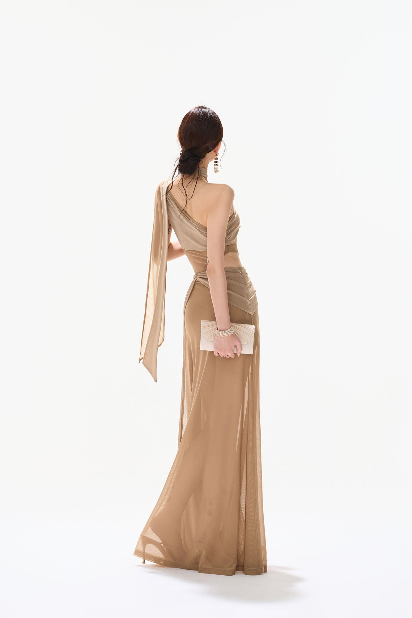 CYNR Asymmetrical Scarf-Tie Sheer Maxi Dress