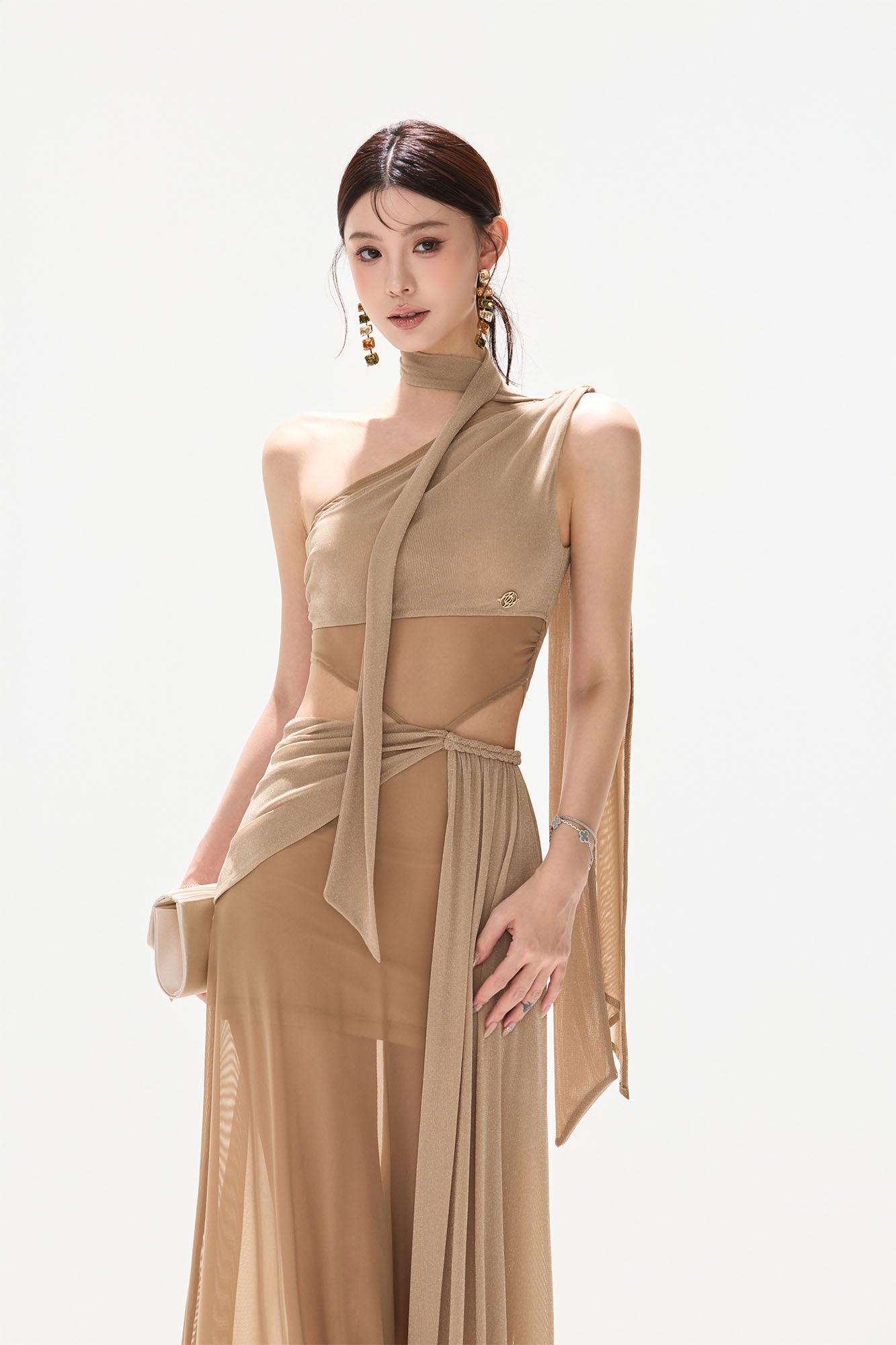 CYNR Asymmetrical Scarf-Tie Sheer Maxi Dress