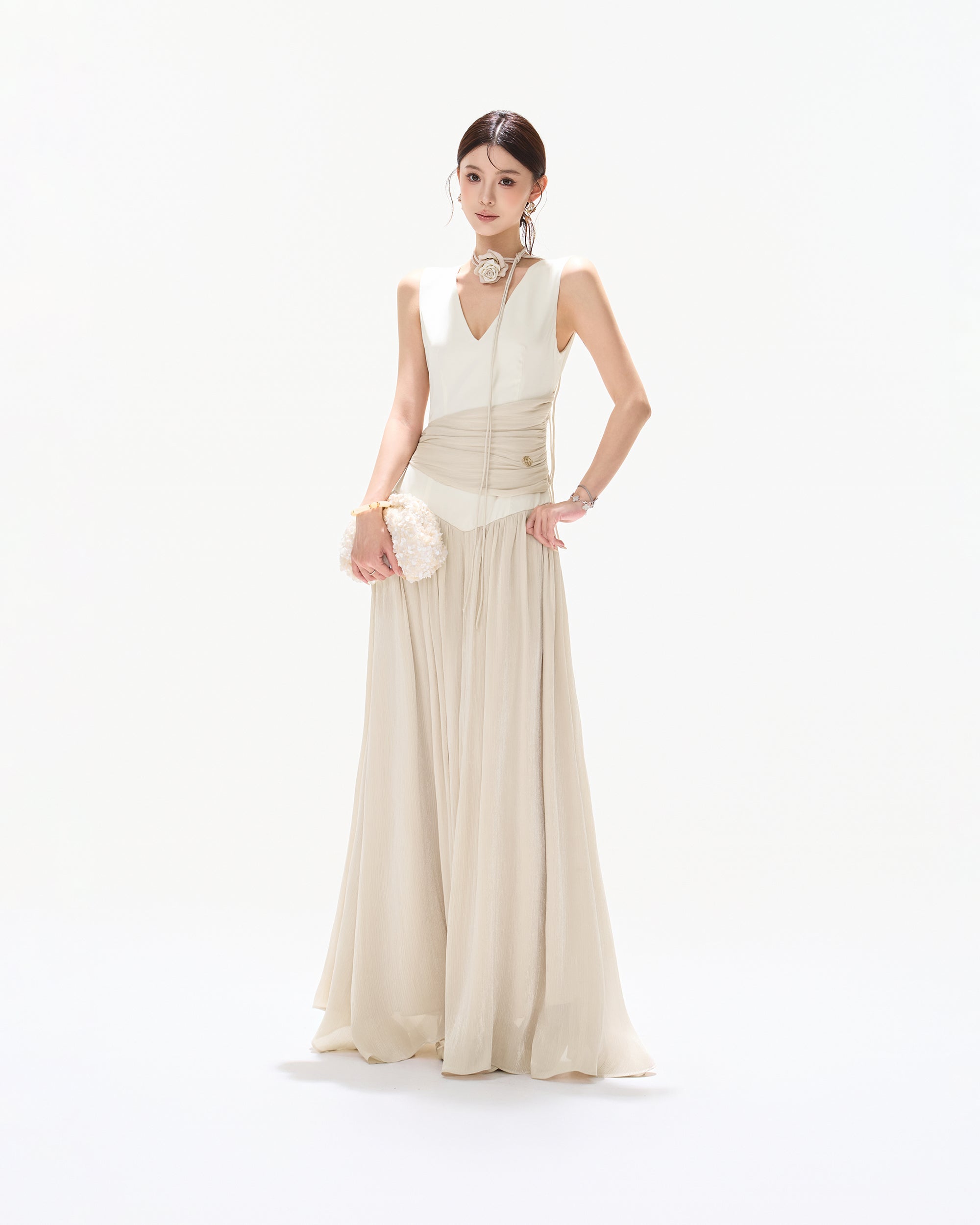 CYNR V-Neck Draped-Waist Chiffon Maxi Dress