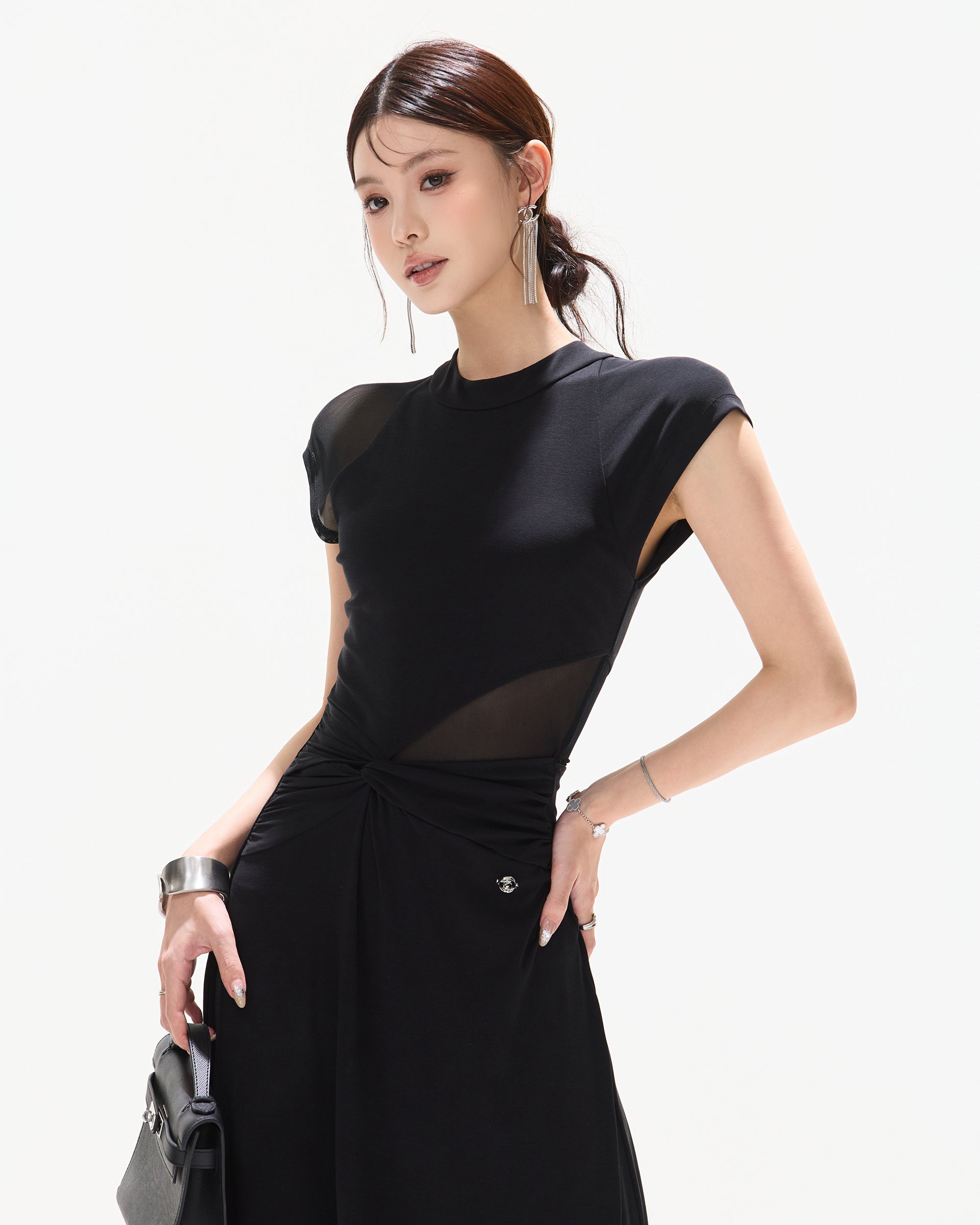 CYNR Twisted Waist Sheer Cap-Sleeve Maxi Dress