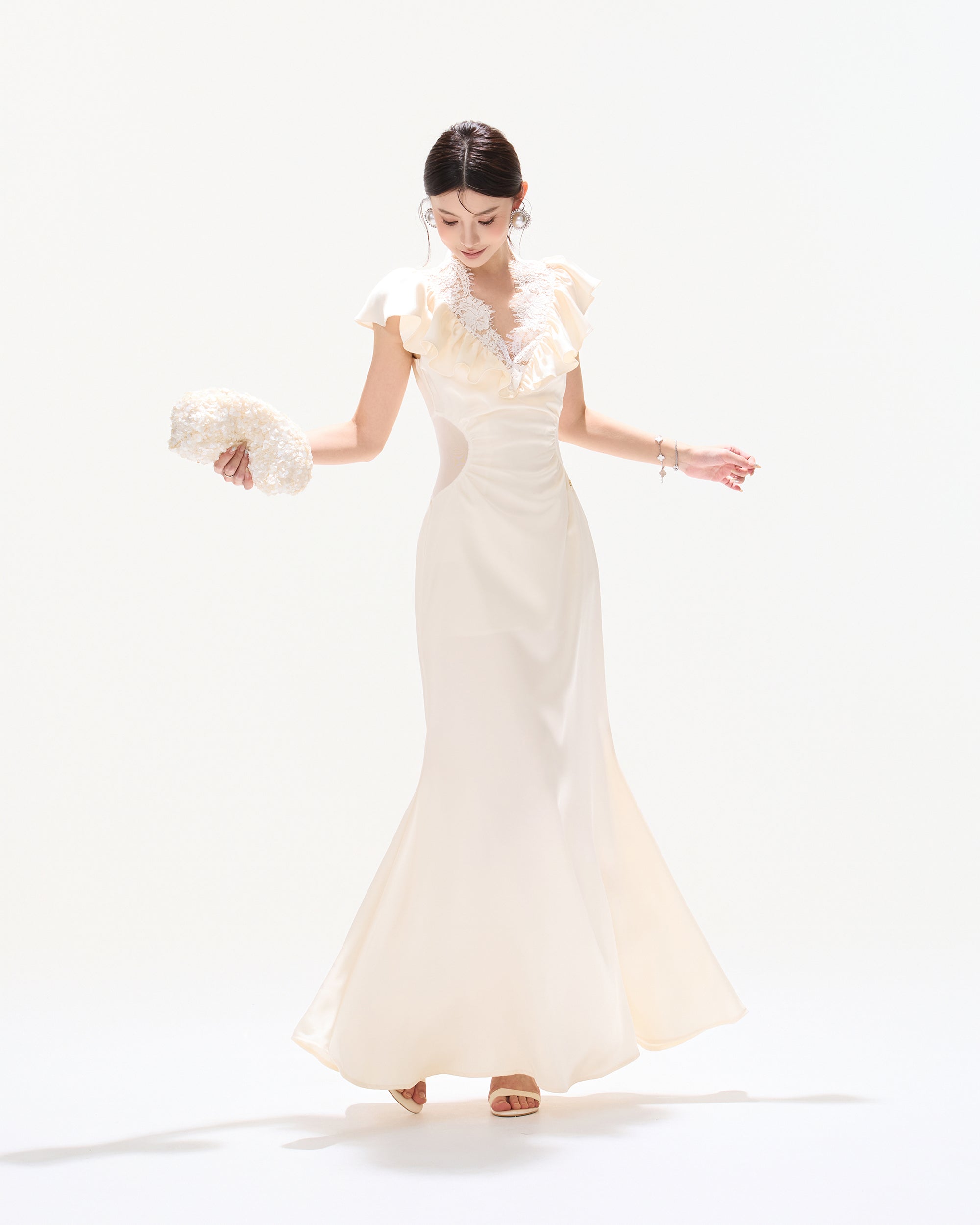 CYNR Ruched Lace V-Neck Cut-Out Waist Dress