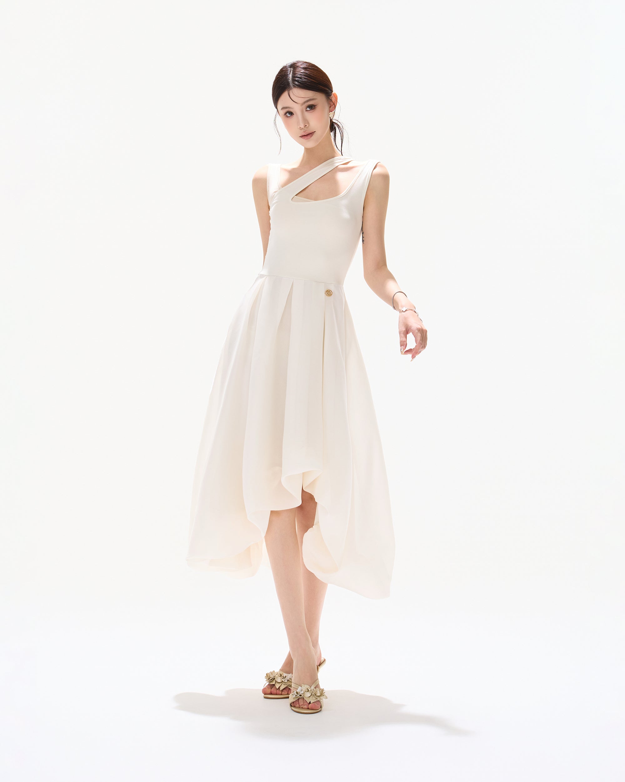 CYNR Cut-Out Neckline Asymmetrical Chiffon Midi Dress