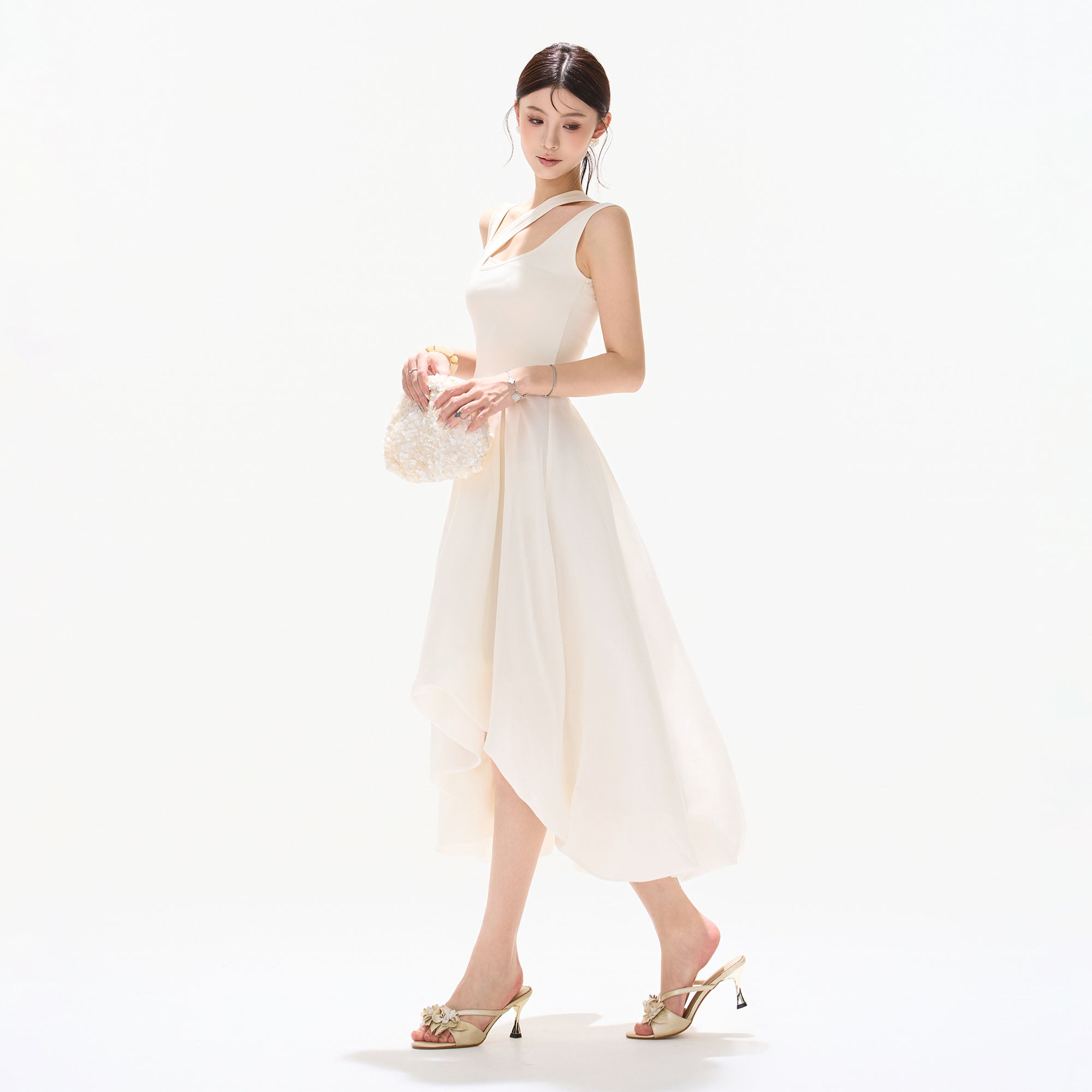 CYNR Cut-Out Neckline Asymmetrical Chiffon Midi Dress