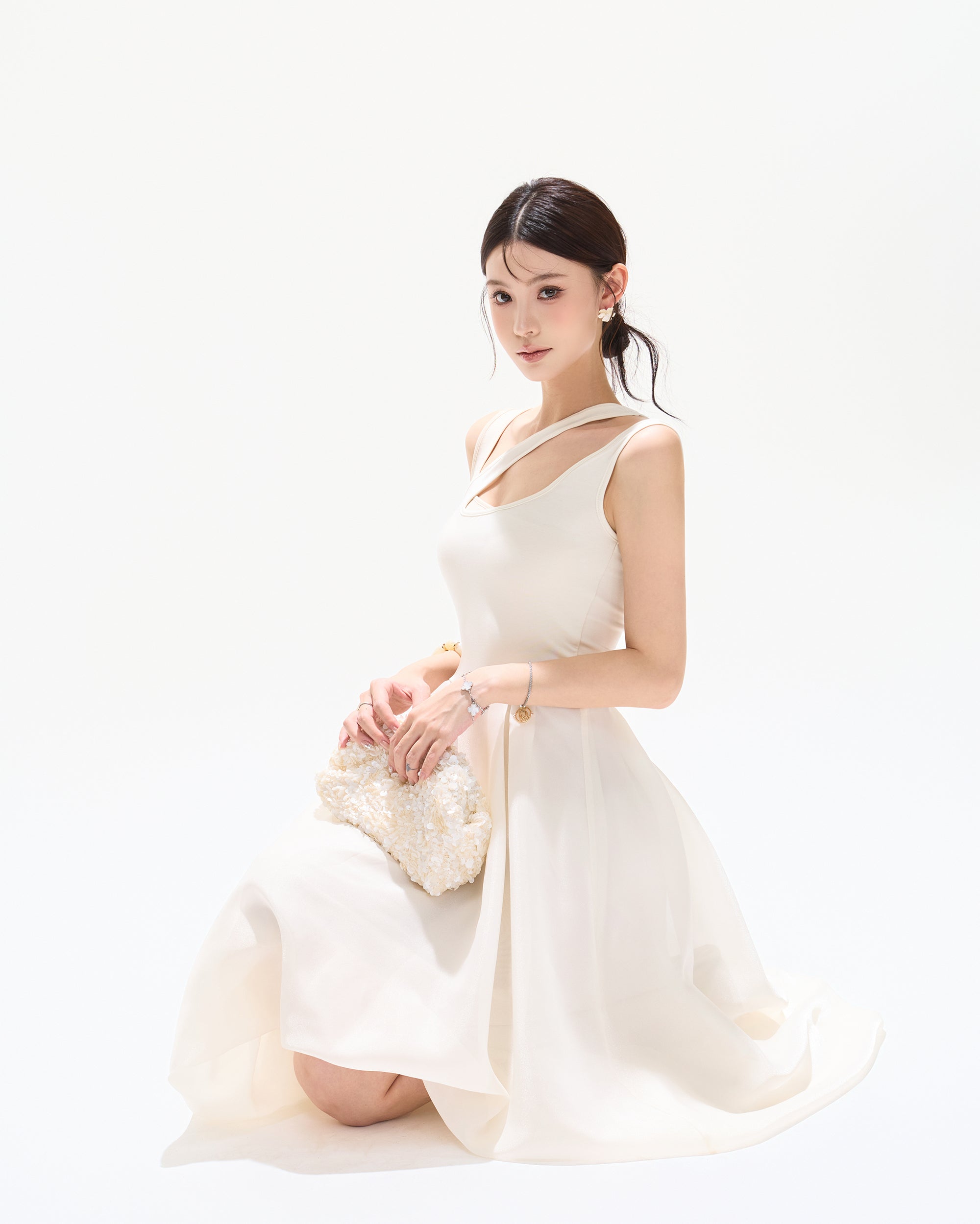 CYNR Cut-Out Neckline Asymmetrical Chiffon Midi Dress