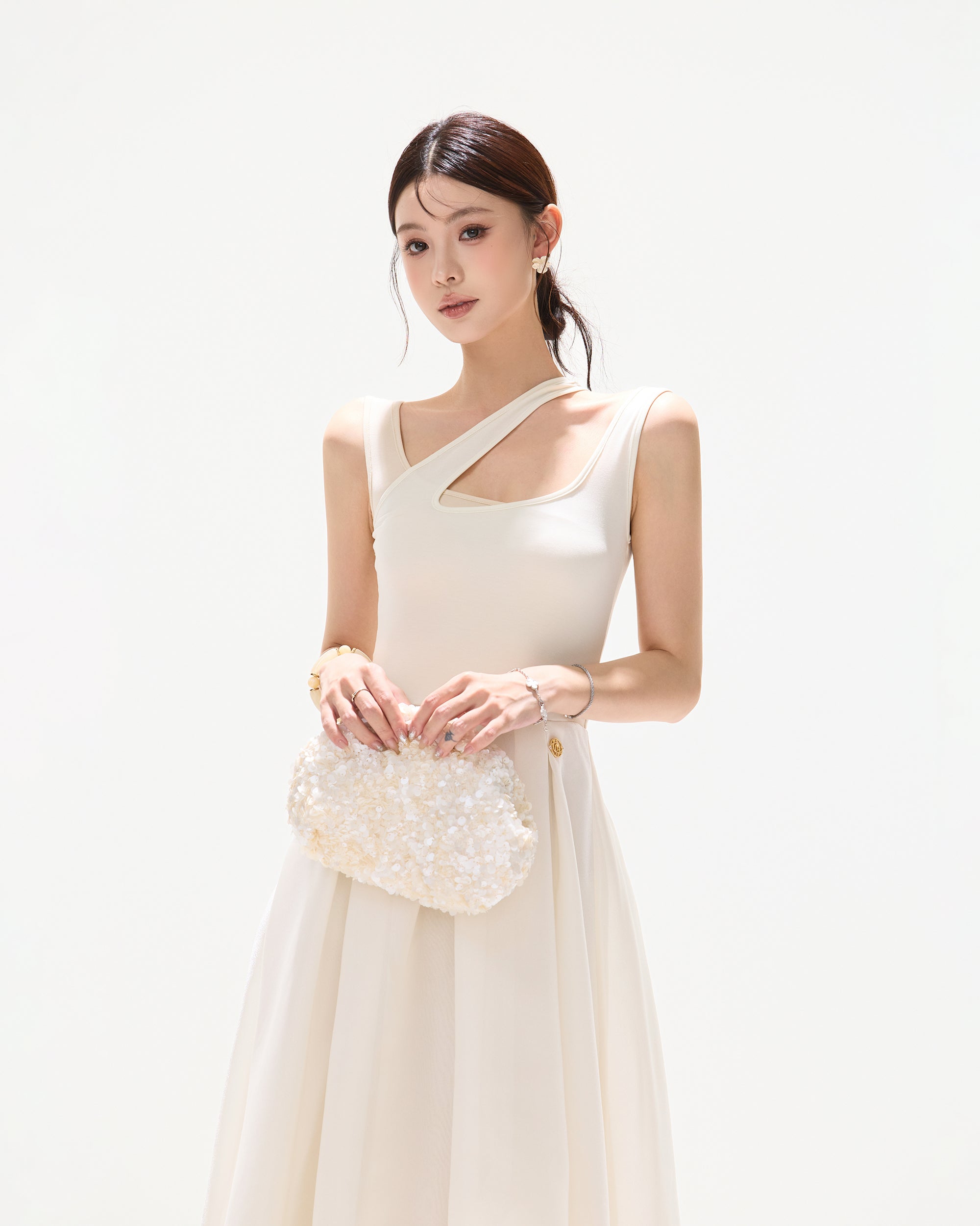 CYNR Cut-Out Neckline Asymmetrical Chiffon Midi Dress