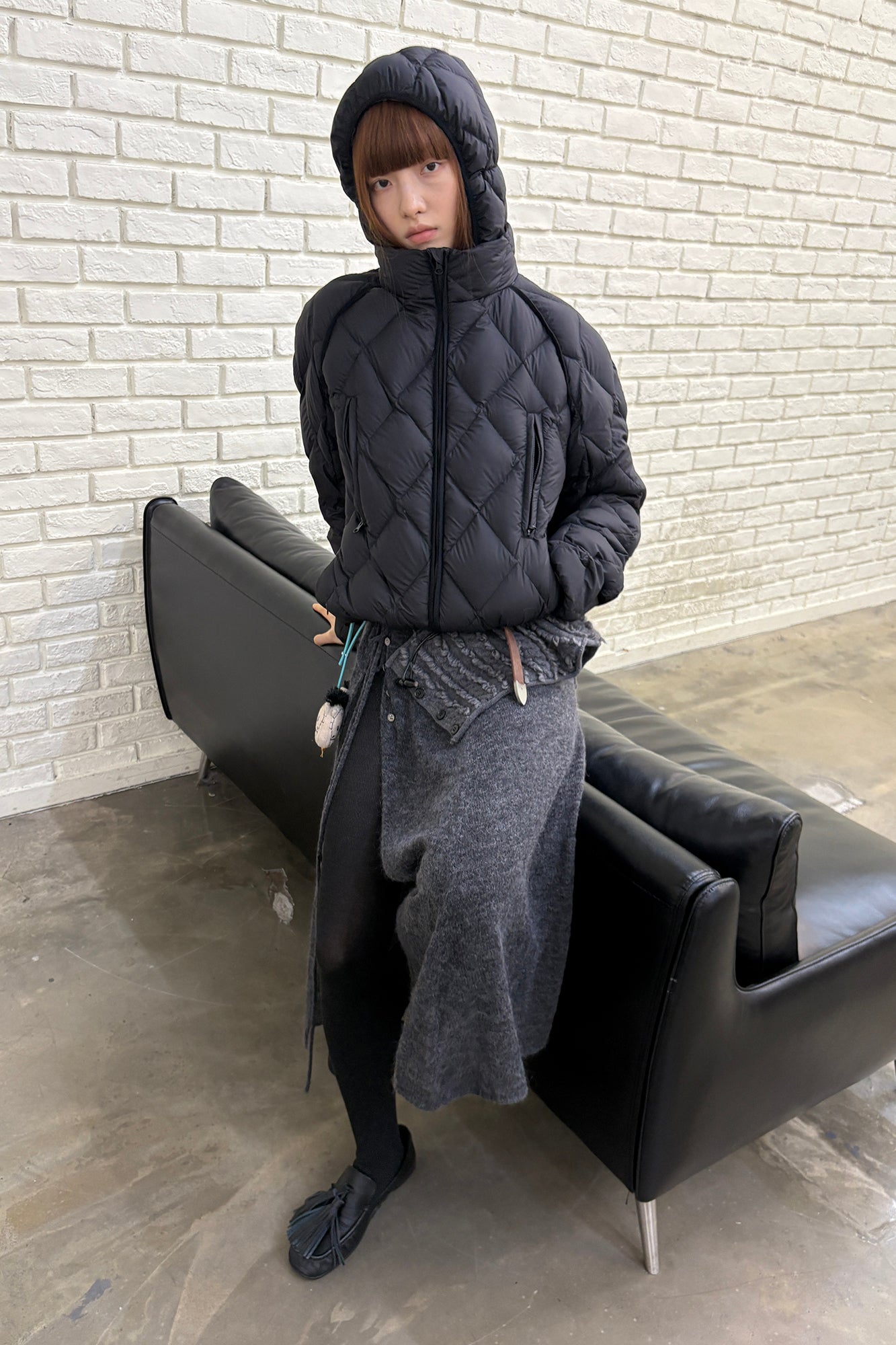 NEVERSEEZ Argyle-Quilted Detachable Hood Duck Down Jacket