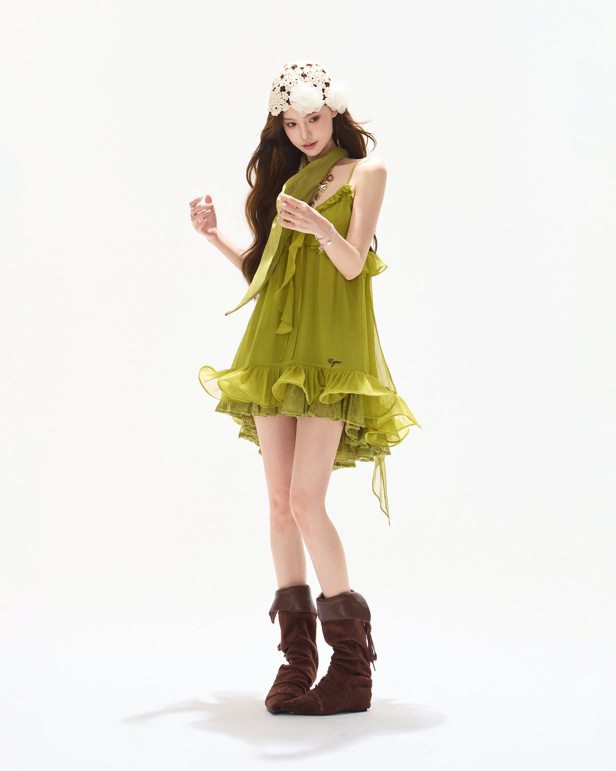 CYNR Ruffled Halter High-Low Mini Dress