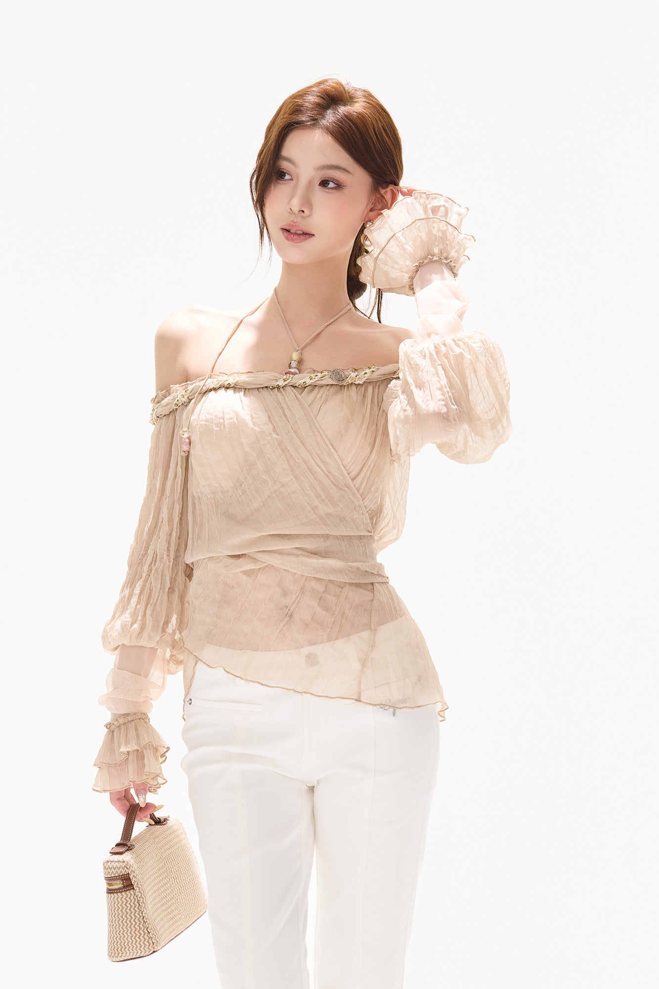 CYNR Off-Shoulder Sheer Crinkled Blouse
