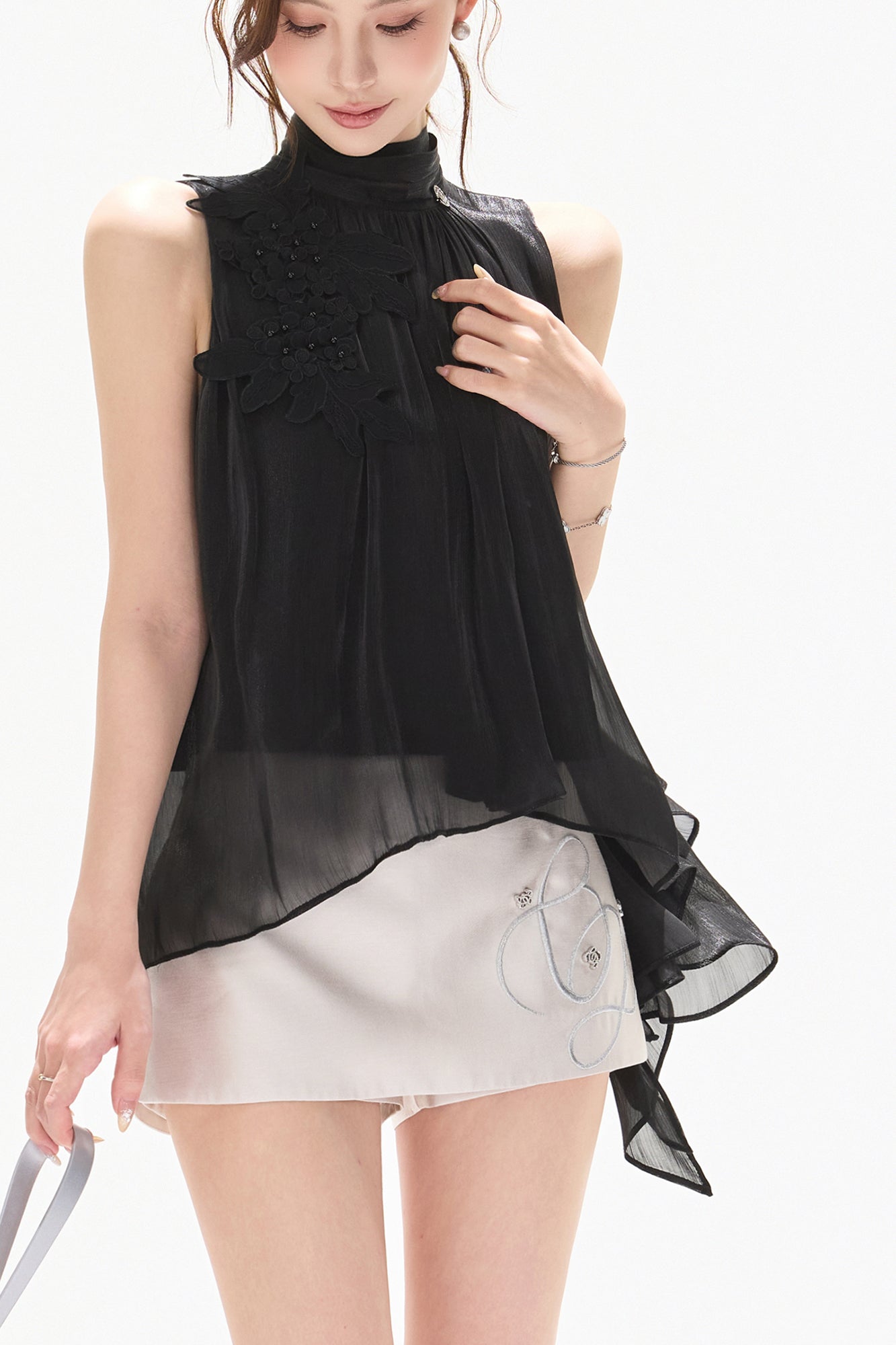 CYNR Floral Embellished Sheer Tank Top
