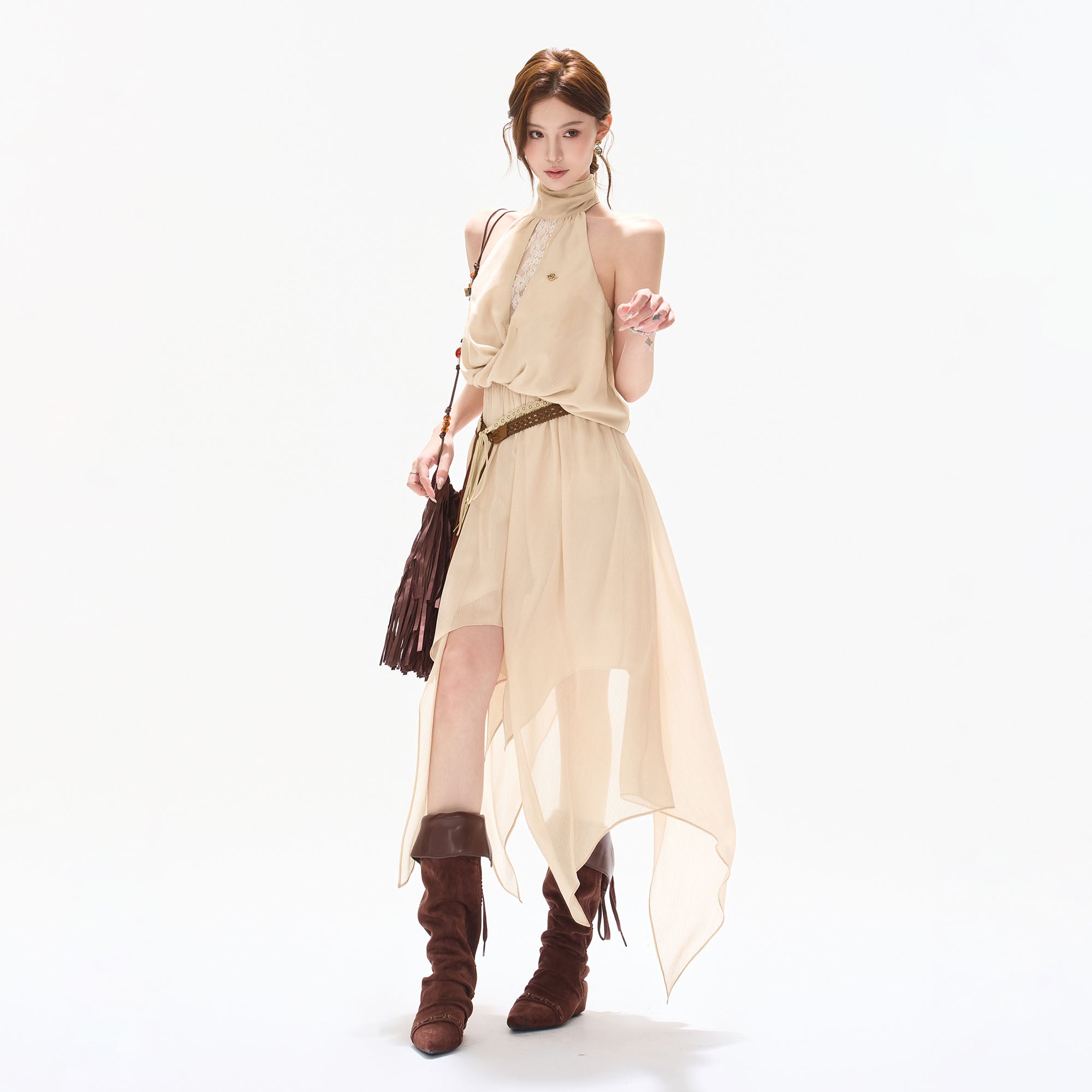CYNR Asymmetric Lace Chiffon Maxi Dress