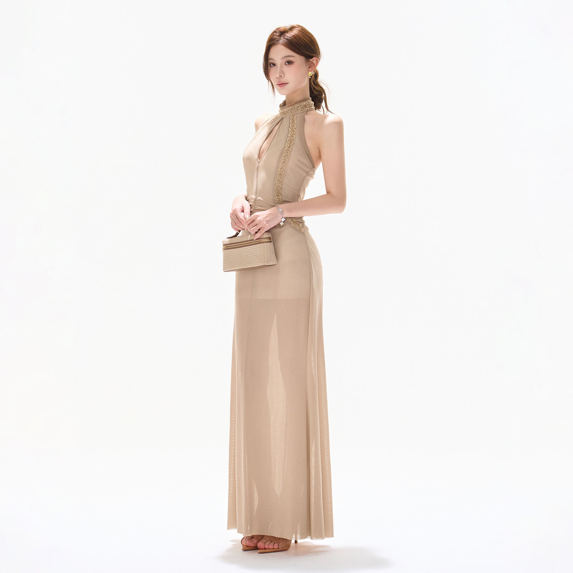 CYNR Embellished Halter Mesh Maxi Dress