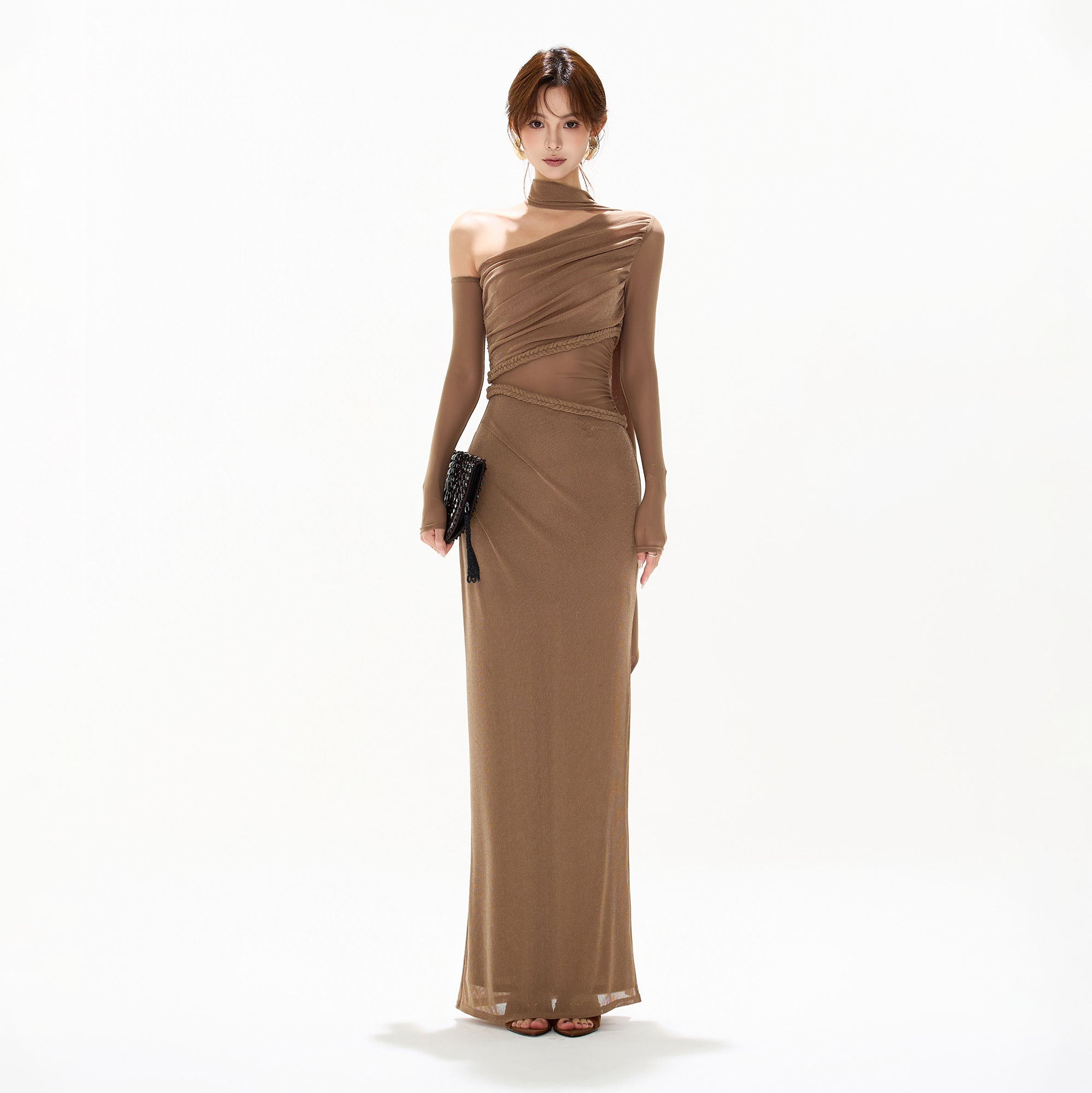 CYGNENOYR Asymmetrical Mesh-Sleeve Slit Maxi Dress