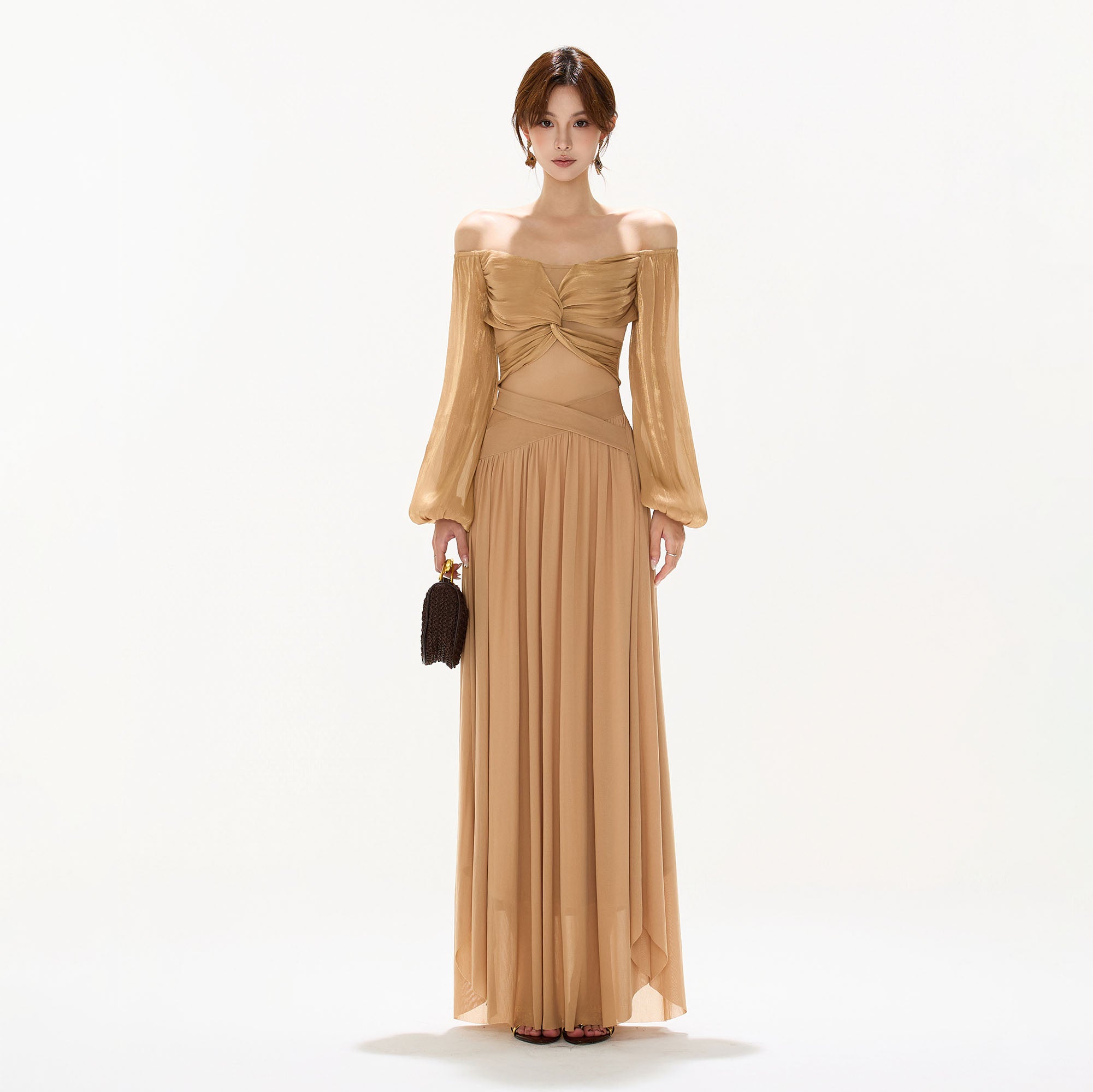 CYGNENOYR Twist-Front Off-Shoulder Chiffon Maxi Dress