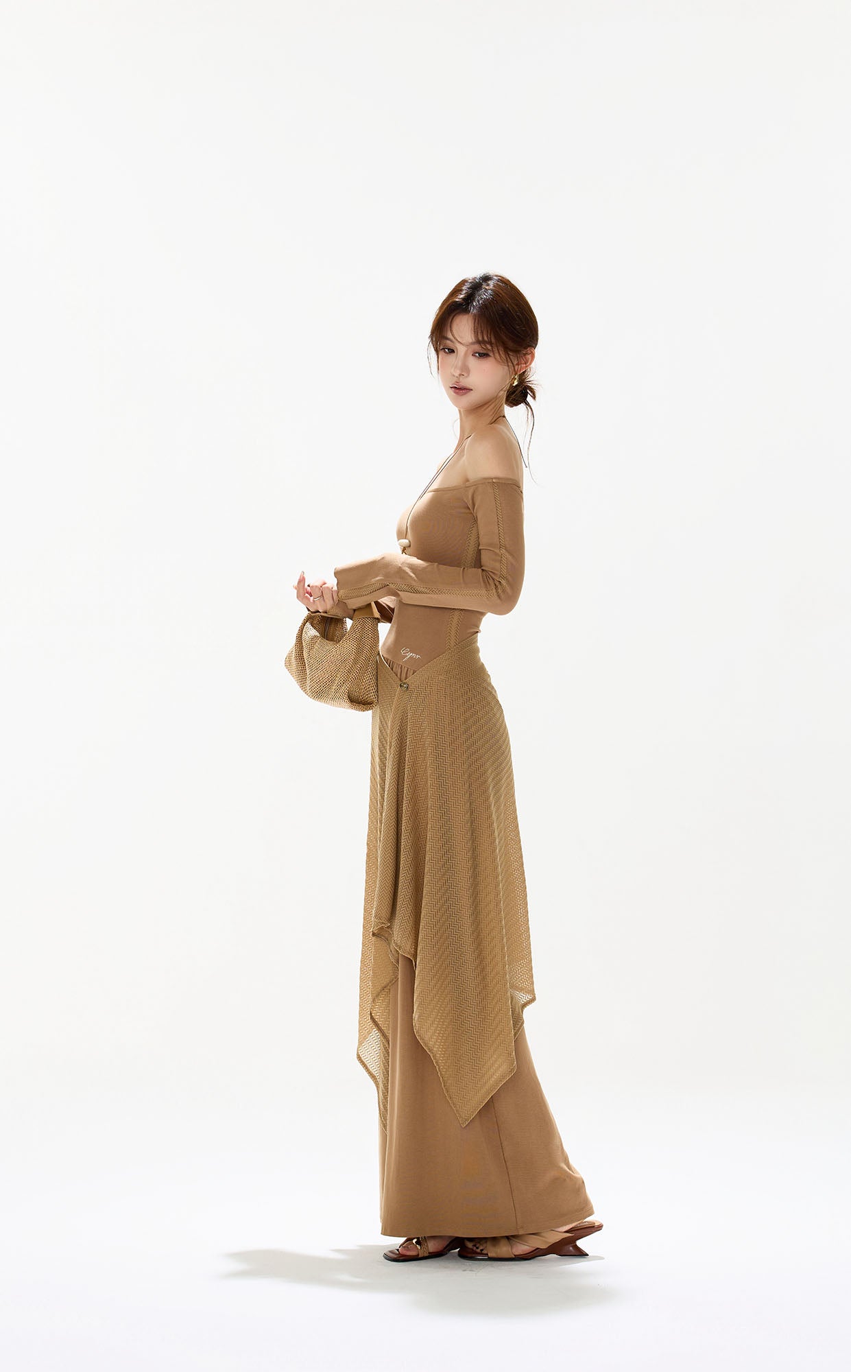 CYGNENOYR Asymmetrical Mesh-Layered Maxi Dress