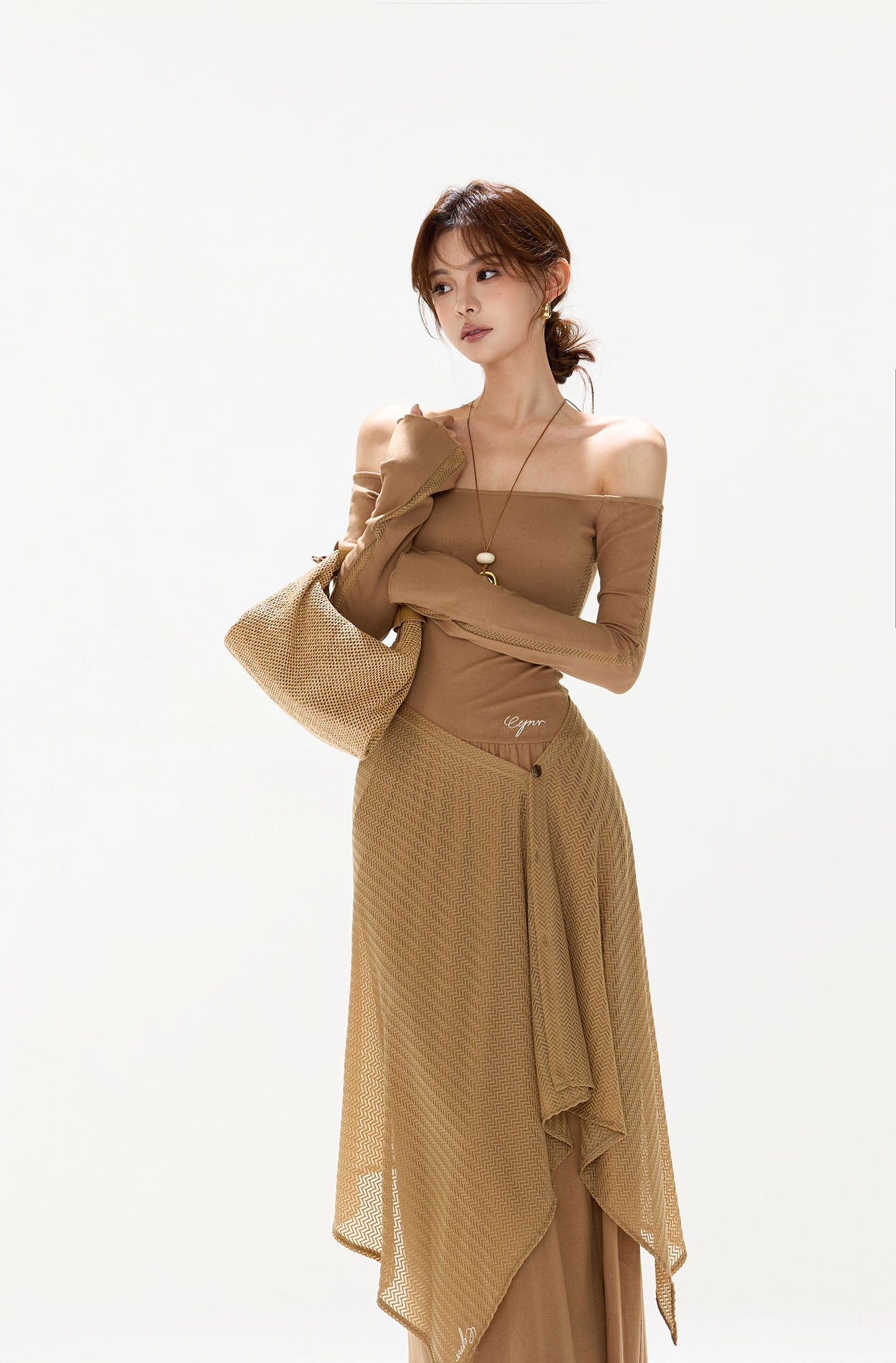 CYGNENOYR Asymmetrical Mesh-Layered Maxi Dress