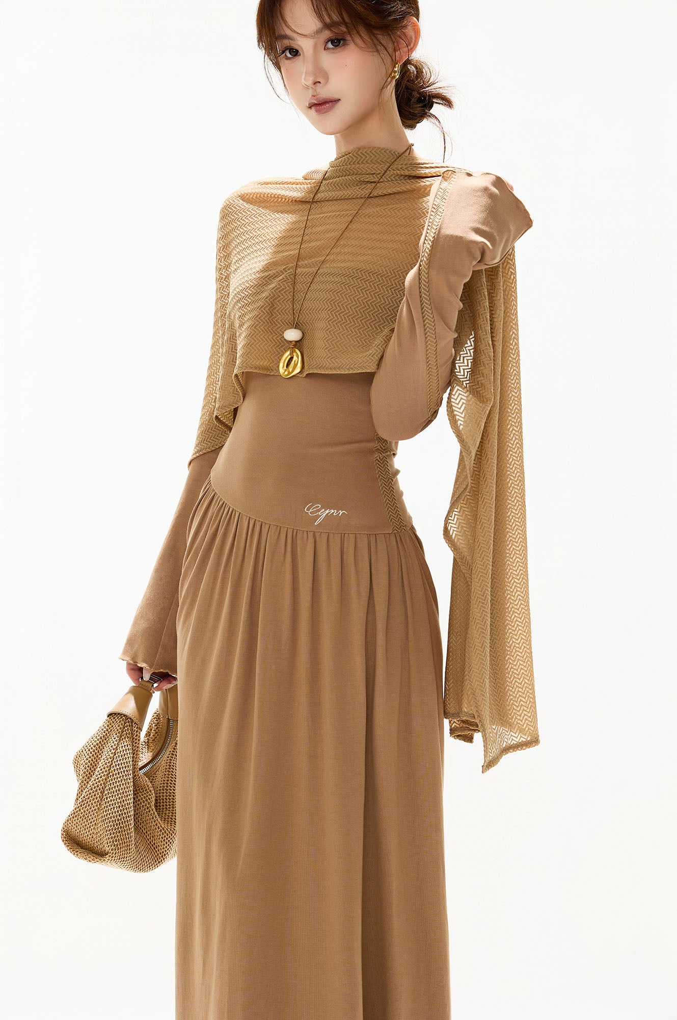 CYGNENOYR Asymmetrical Mesh-Layered Maxi Dress