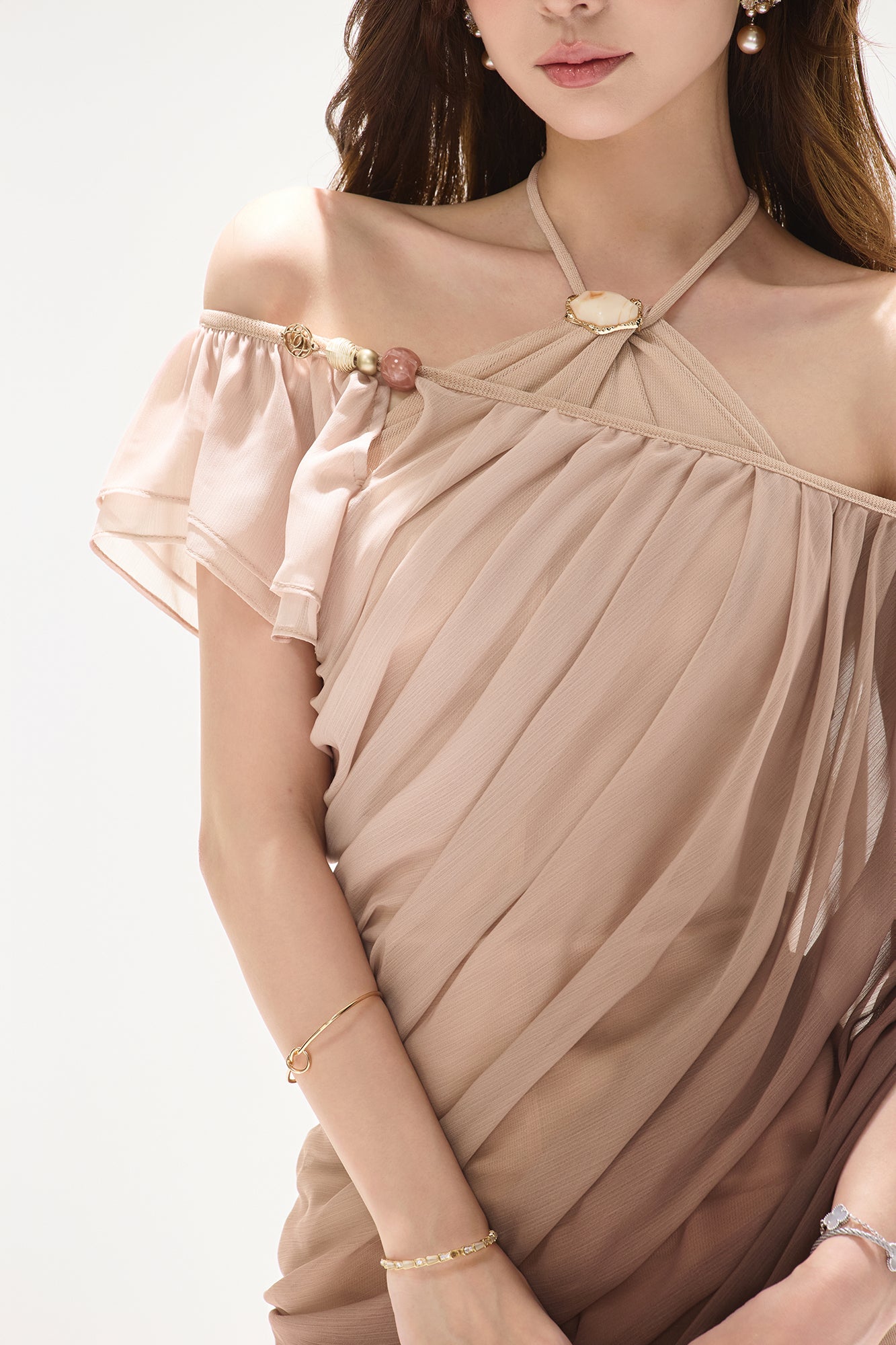CYNR Draped Ruched Halter Mini Dress