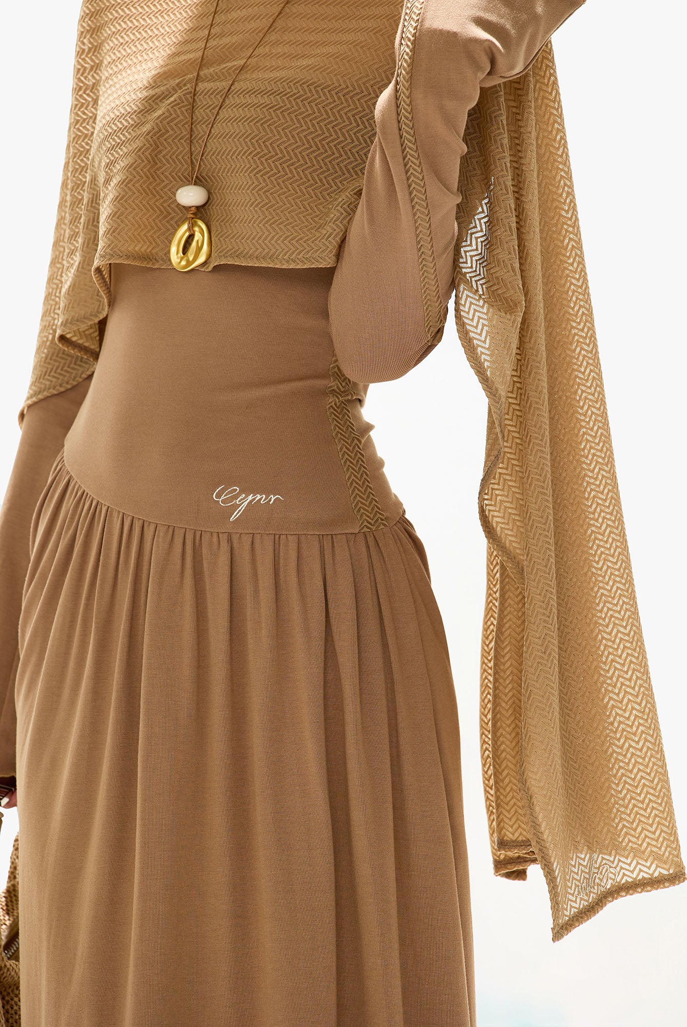 CYGNENOYR Asymmetrical Mesh-Layered Maxi Dress