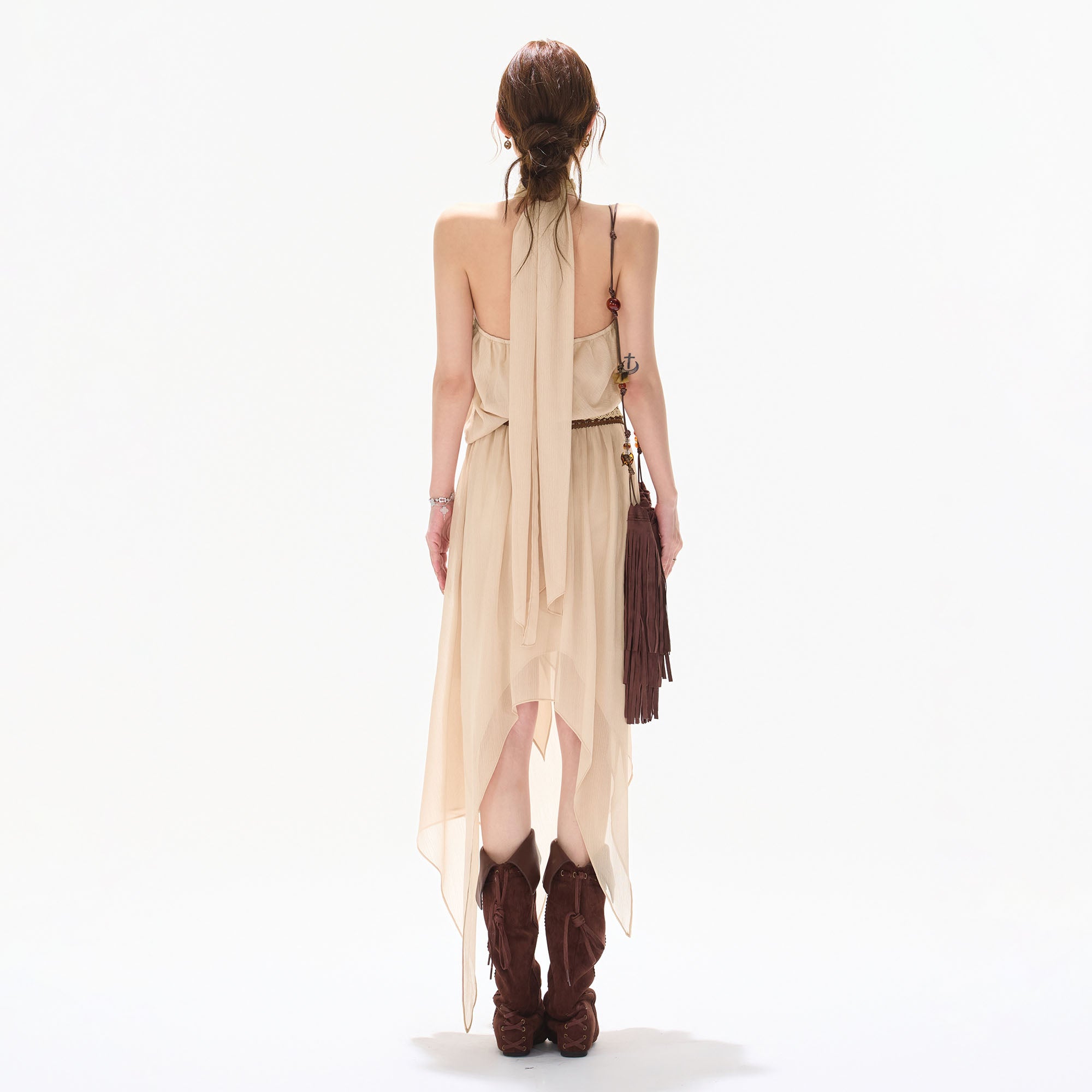 CYNR Asymmetric Lace Chiffon Maxi Dress