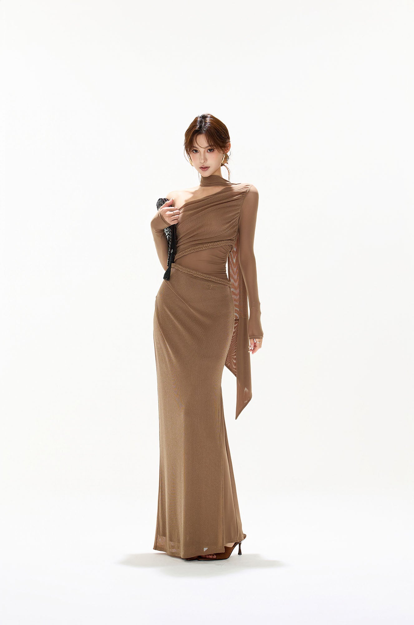 CYGNENOYR Asymmetrical Mesh-Sleeve Slit Maxi Dress